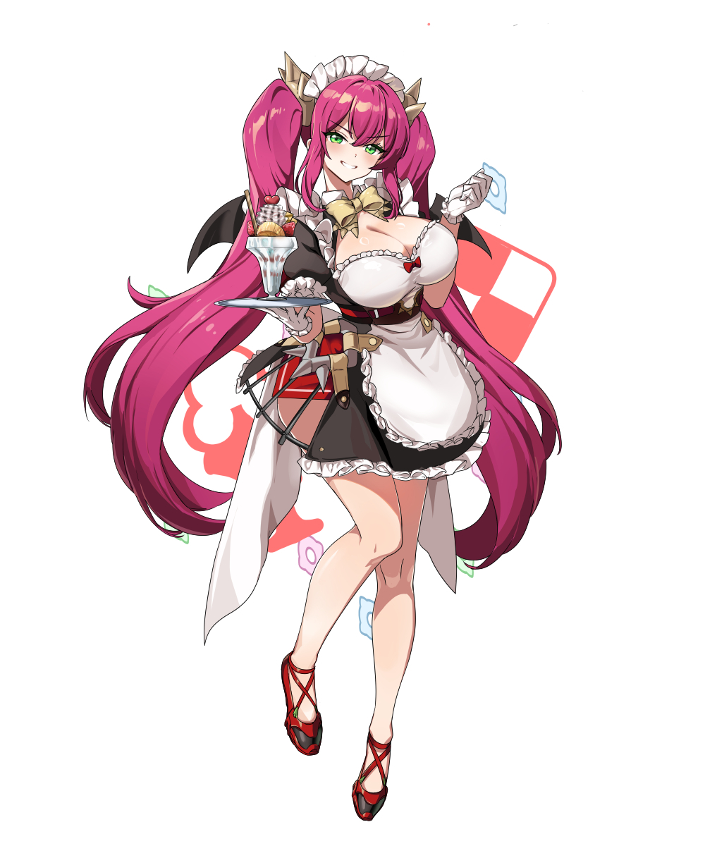 ebi bento, evil twin ki-sikil, ki-sikil (yu-gi-oh!), yu-gi-oh!, highres, 1girl, alternate costume, apron, black dress, blush, breasts, cleavage, dress, duel monster, frilled apron, frills, gloves, green eyes, large breasts, long hair, looking at viewer, maid, maid apron, open mouth, pink hair, puffy short sleeves, puffy sleeves, short sleeves, simple background, smile, unconventional maid, waist apron, white apron, white headdress