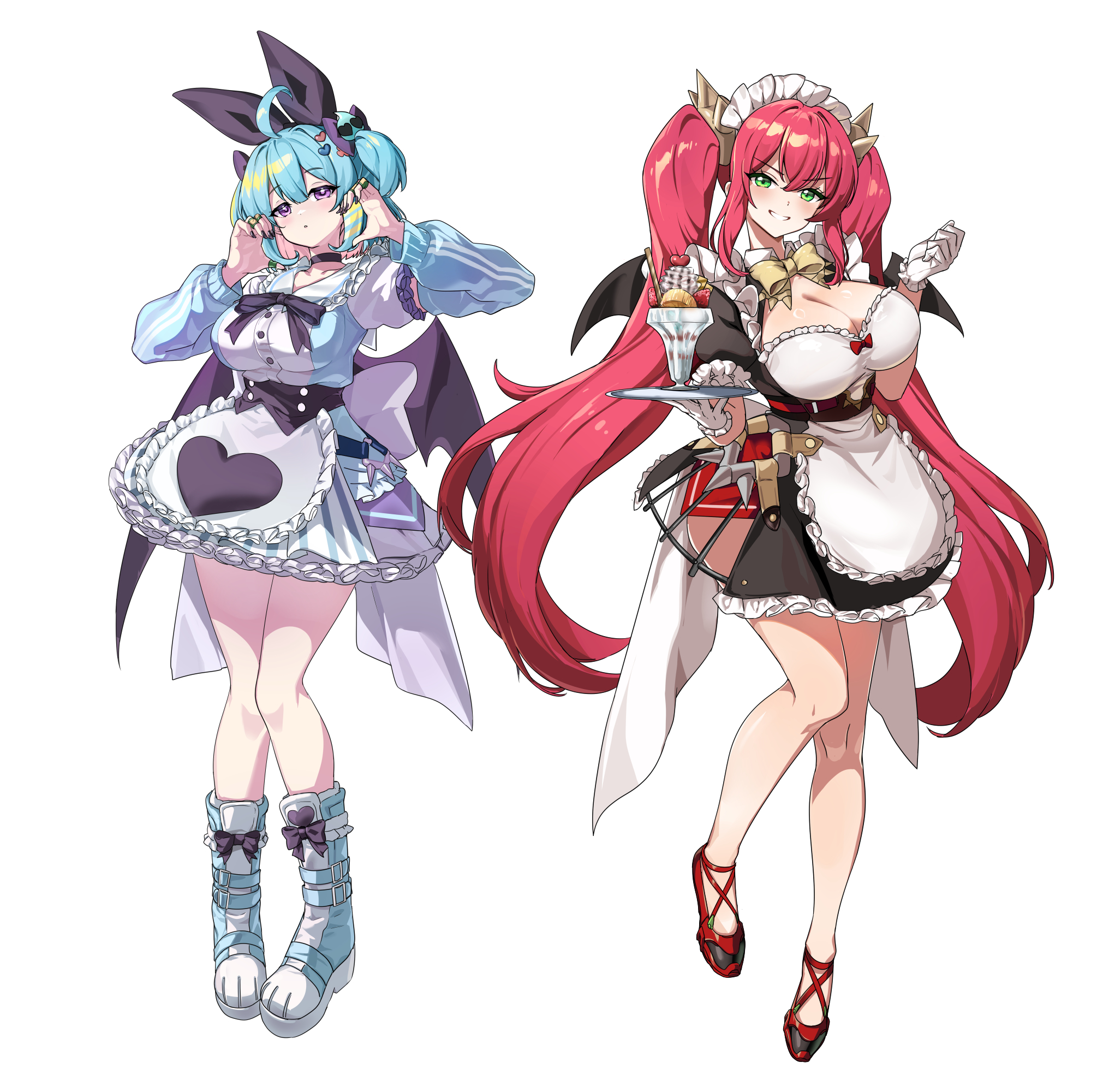 ebi bento, evil twin ki-sikil, evil twin lil-la, ki-sikil (yu-gi-oh!), lil-la (yu-gi-oh!), yu-gi-oh!, commentary request, highres, alternate costume, apron, bat wings, black dress, blue eyes, blue hair, blush, bow, breasts, cleavage, dress, duel monster, frilled apron, frills, gloves, green eyes, hair bow, large breasts, long hair, looking at viewer, maid, maid apron, open mouth, pink hair, puffy short sleeves, puffy sleeves, purple eyes, short sleeves, simple background, smile, thighhighs, unconventional maid, waist apron, white apron, white background, white headdress, wings