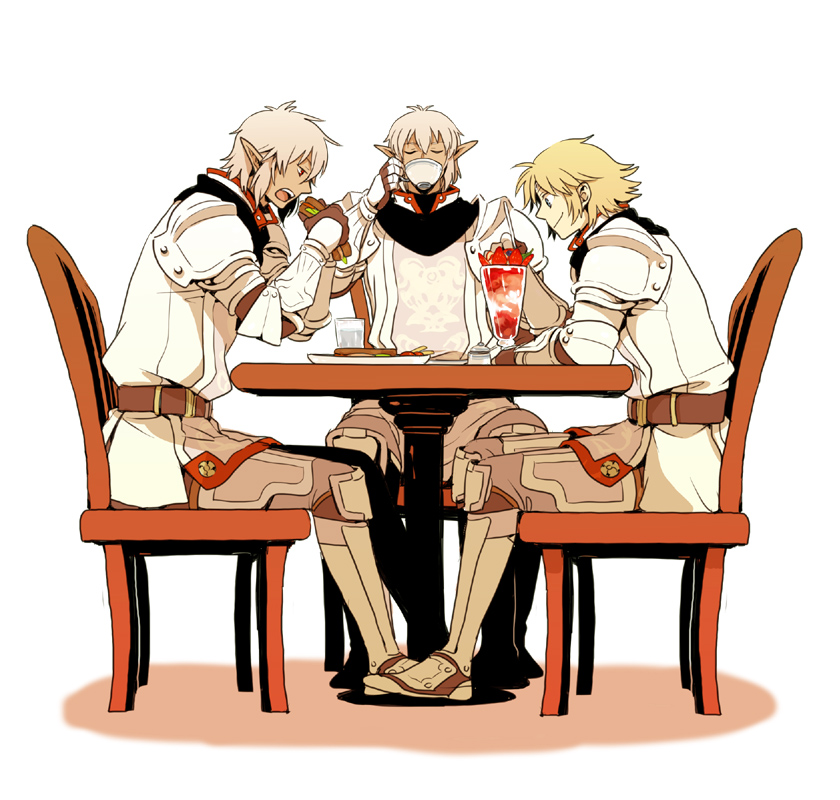 emu (losspass), buront, elvaan, final tatsuya, naitou, paladin (final fantasy), final fantasy, final fantasy xi, the iron of yin and yang, touhou, 00s, 3boys, elf, hume, ls:booooomerang, male focus, multiple boys, paladin, pointy ears