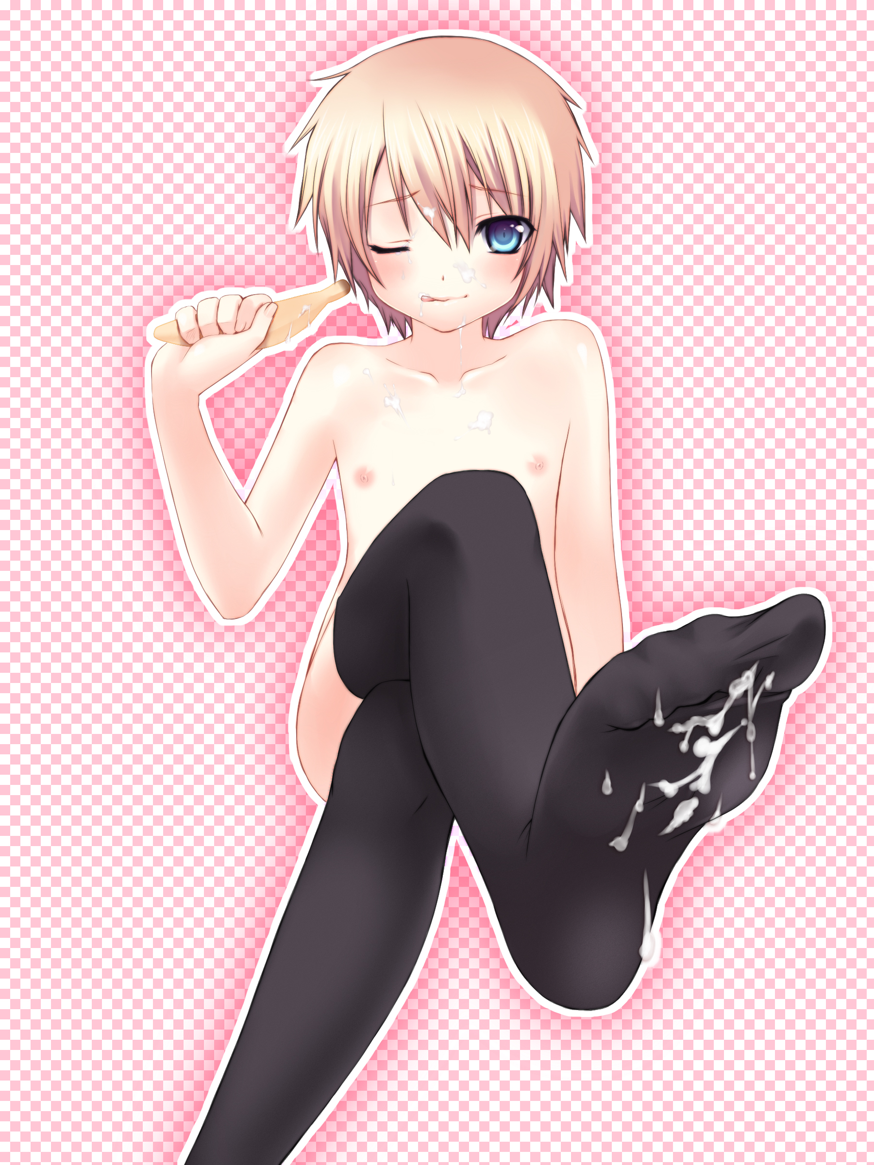nana mikoto, original, absurdres, bad id, bad pixiv id, highres, 1boy, banana, blonde hair, blue eyes, blush, candy, crossed legs, cum, cum on body, cum on feet, cum on lower body, facial, feet, flat chest, food, foreshortening, fruit, licking lips, lollipop, male focus, nipples, one eye closed, short hair, sitting, soles, solo, thighhighs, tongue, tongue out, trap, wink