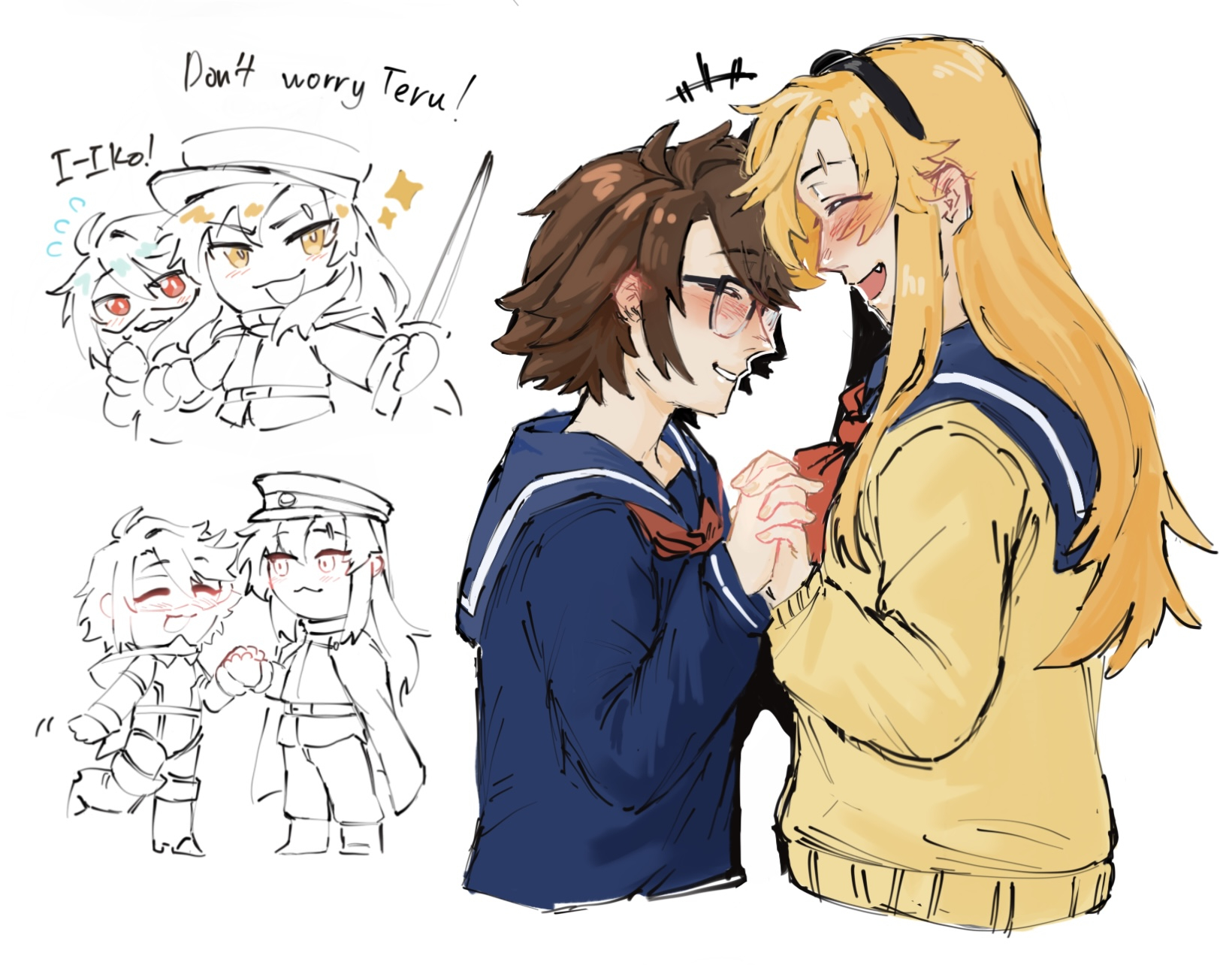 gmeg011, koishikawa iko, momijiyama teru, shy (character), shy (series), commentary, highres, symbol-only commentary, 2girls, :d, black hairband, black sailor collar, black serafuku, blonde hair, blush, brown hair, cropped torso, facing another, fang, hairband, holding hands, long hair, long sleeves, multiple girls, neckerchief, open mouth, orange eyes, red neckerchief, sailor collar, school uniform, serafuku, short hair, smile, white background, yuri