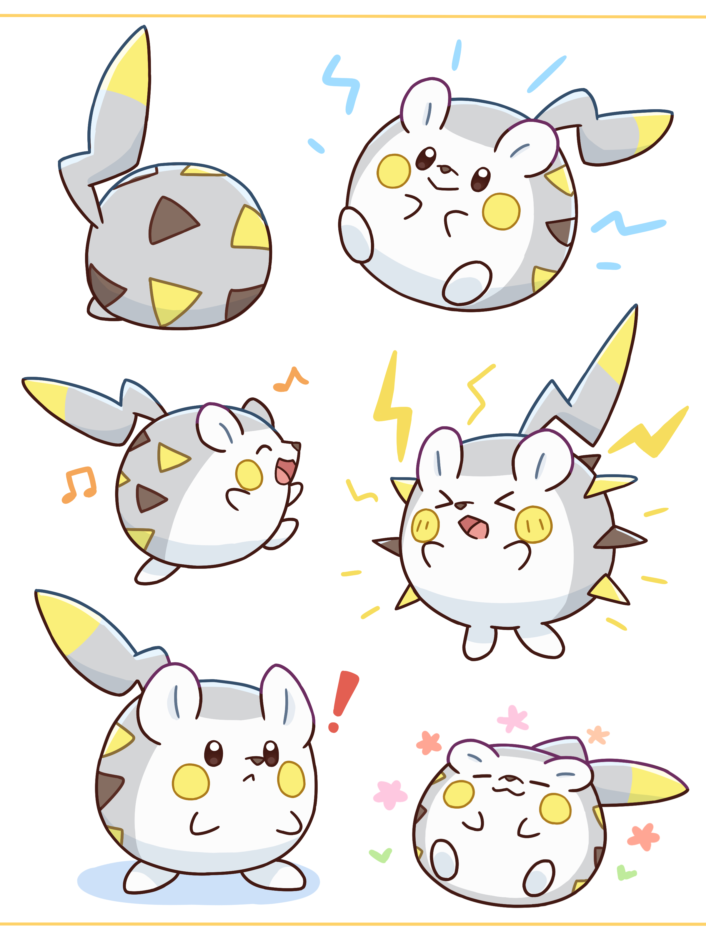 neko gyoza, togedemaru, nintendo, pokemon, absurdres, commentary request, highres, !, animal focus, blush, brown eyes, electricity, flower, gen 7 pokemon, lying, musical note, no humans, open mouth, pokemon (creature), simple background, smile, standing, white background