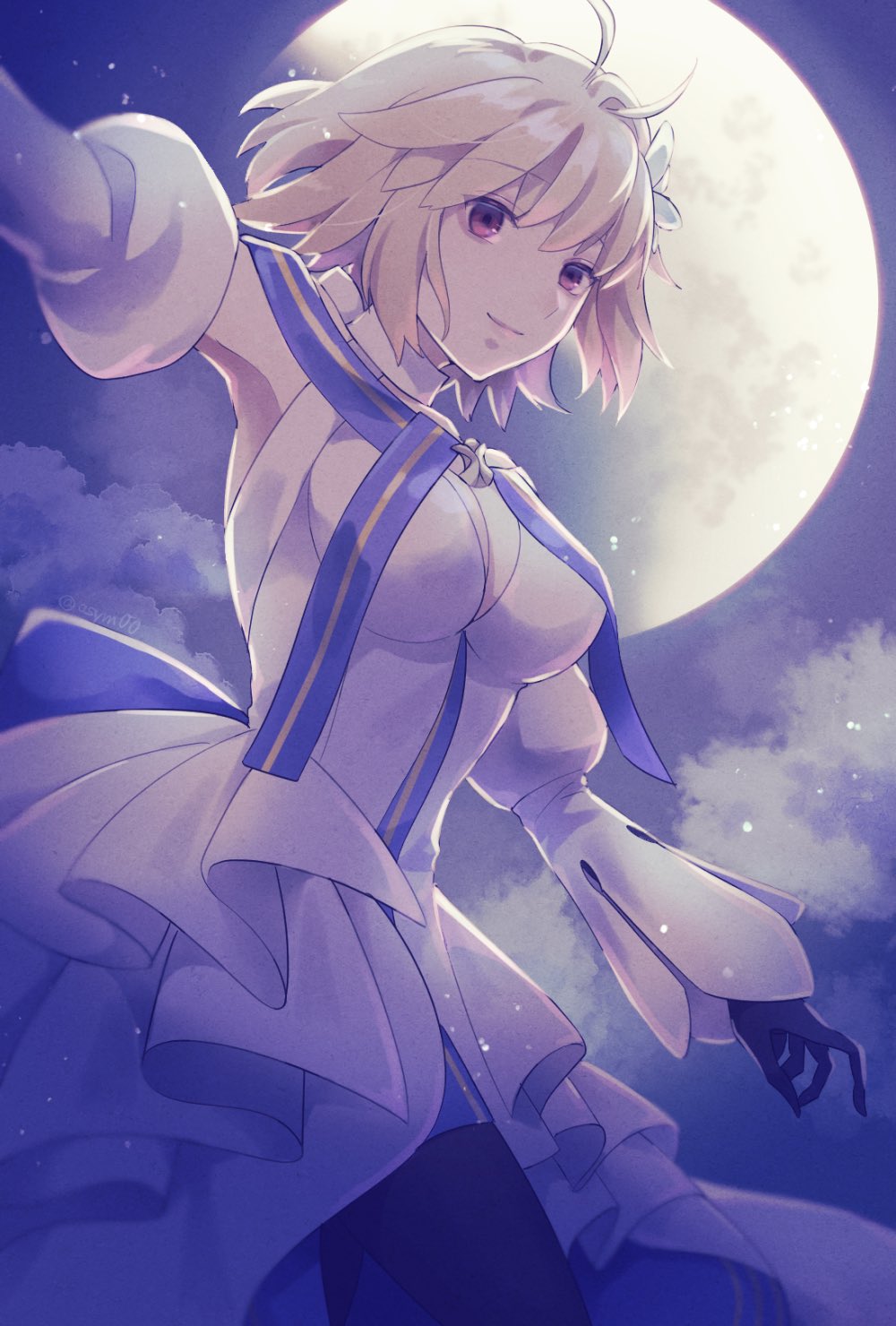 asym00, arcueid brunestud, arcueid brunestud (mooncancer), tsukihime, commentary request, highres, 1girl, antenna hair, arm up, armpits, artist name, back bow, bare shoulders, black gloves, black pantyhose, blonde hair, bow, breasts, closed mouth, cloud, cloudy sky, colored inner hair, cowboy shot, detached sleeves, dress, flower, full moon, gloves, hair between eyes, hair flower, hair ornament, juliet sleeves, long sleeves, looking at viewer, medium breasts, moon, multicolored hair, night, night sky, outdoors, pantyhose, puffy sleeves, purple bow, purple hair, purple sky, red eyes, short hair, sky, sleeveless, sleeveless dress, smile, solo, standing, white dress, white flower, white sleeves