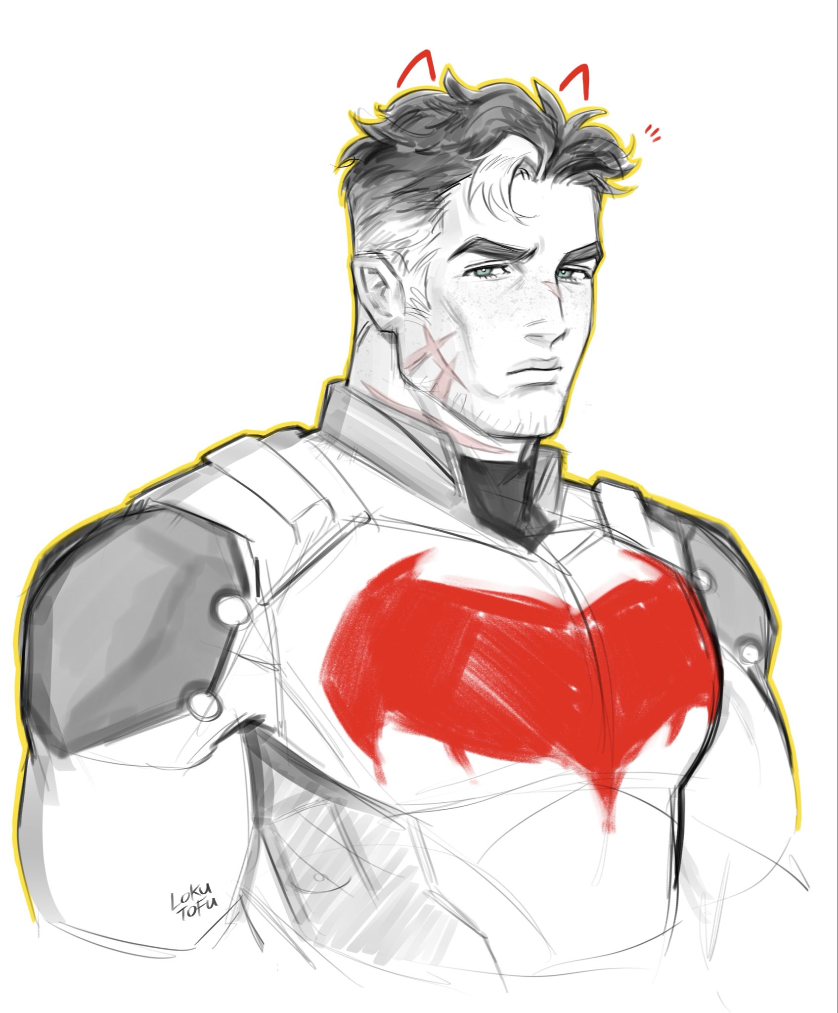 lokutofu, jason todd, red hood (dc), batman (series), dc comics, commentary, english commentary, highres, 1boy, aged up, bat signal, batman symbol, black bodysuit, black hair, bodysuit, facial scar, looking at viewer, male focus, multicolored bodysuit, multicolored hair, multiple scars, muscular, muscular male, scar, scar on cheek, scar on face, short hair, sketch, streaked hair, superhero costume, taut bodysuit, thick eyebrows, two-tone bodysuit, two-tone hair, upper body, white hair