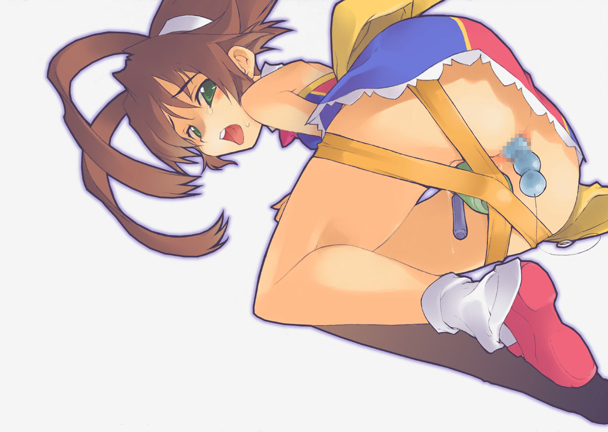 kotamaru (pajama soft), yuuma (magipoka), renkin san-kyuu magical pokaan, 1girl, anal, anal beads, anal object insertion, ass, brown hair, censored, dildo, double insertion, female focus, green eyes, no panties, object insertion, sex toy, solo, sweat, tongue, vaginal, vaginal object insertion, white background