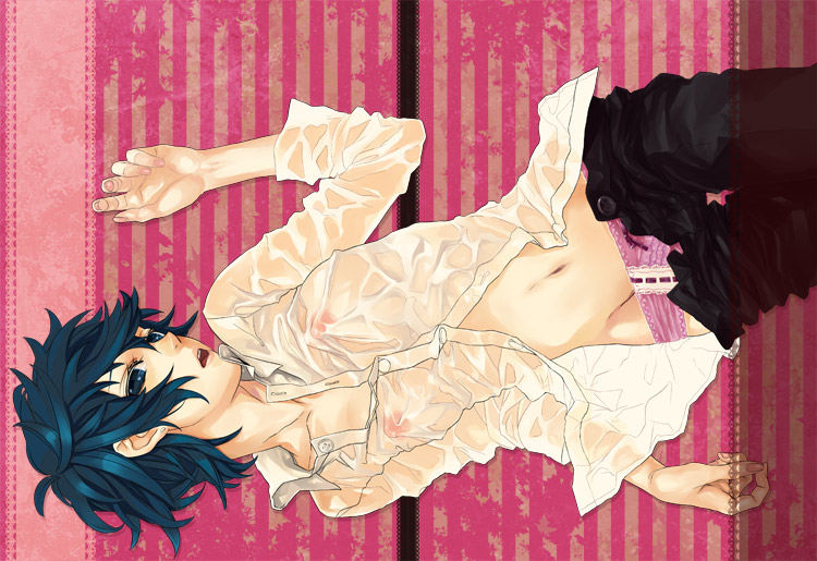 mihara (081mhrs), shirogane naoto, atlus, persona, persona 4, bad id, bad pixiv id, 1girl, androgynous, blue eyes, blue hair, breasts, dress shirt, female focus, groin, matching hair/eyes, nipples, panties, reverse trap, see-through clothes, shirt, short hair, sleeves pushed up, small breasts, solo, underwear, undressing, wet