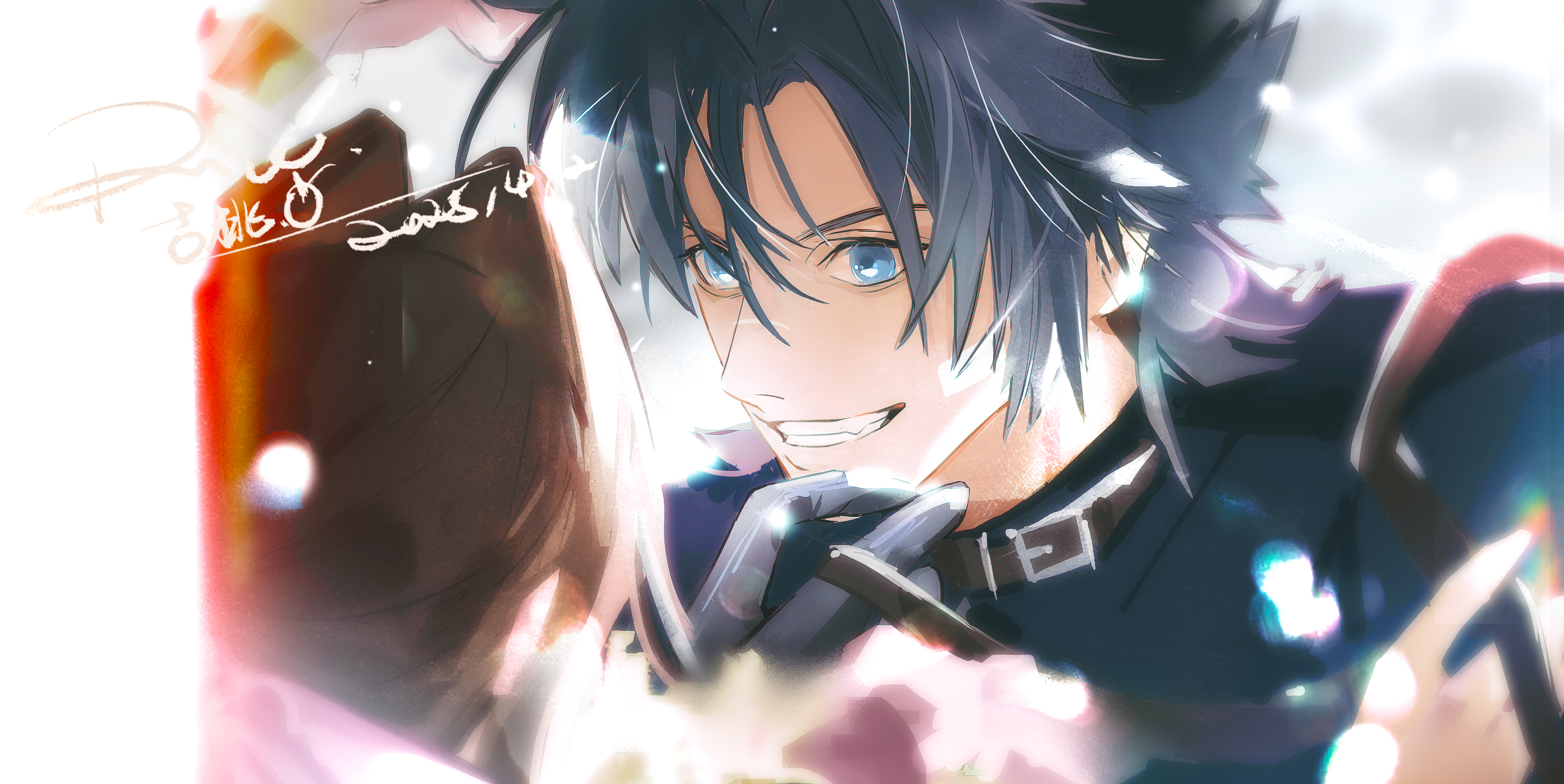 aerith gainsborough, zack fair, crisis core: final fantasy vii, final fantasy, final fantasy vii, commentary, highres, 1boy, 1girl, belt buckle, black gloves, black hair, blue eyes, blue sweater, brown hair, buckle, collar, dated, fang, gloves, hair between eyes, hair ribbon, holding, holding leash, leash, looking at another, pink ribbon, ppiinnee24, ribbon, short hair, signature, spiked hair, sweater, teeth, turtleneck, turtleneck sweater, upper body