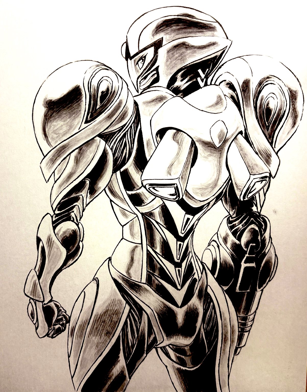 idetsuki kouji, samus aran, metroid, metroid prime 4: beyond, nintendo, commentary request, highres, traditional media, 1girl, arm cannon, armor, clenched hand, greyscale, helmet, looking at viewer, looking back, monochrome, power armor, power suit (metroid), simple background, two-tone armor, vi-o-la suit, weapon, white background