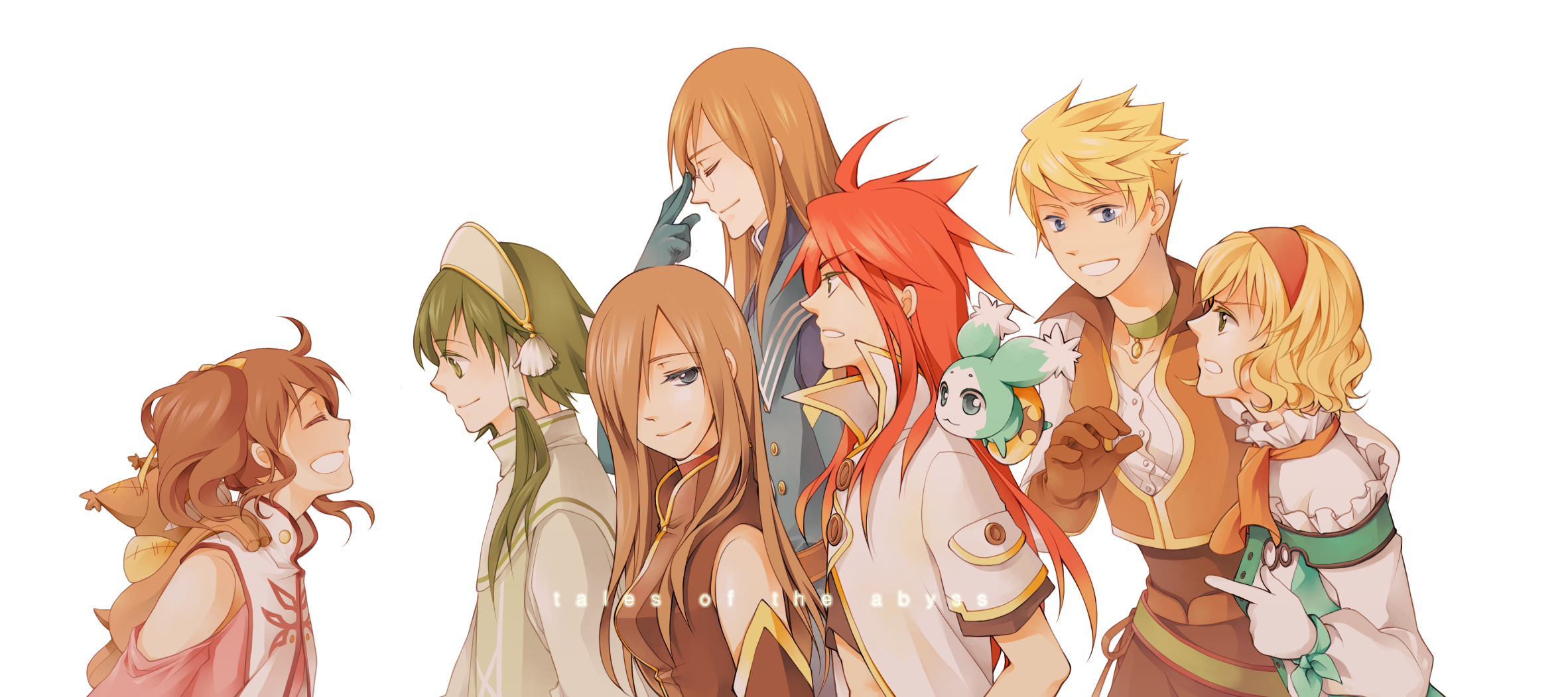 ninjin (charat7), anise tatlin, guy cecil, ion (tales), jade curtiss, luke fon fabre, mieu (tales), natalia luzu kimlasca lanvaldear, tear grants, tales of (series), tales of the abyss, highres, 00s, 3girls, 4boys, blonde hair, blue eyes, choker, copyright name, glasses, gloves, green eyes, green hair, hairband, long hair, multiple boys, multiple girls, red hair, scarf, short hair, short hair with long locks, smile, twintails