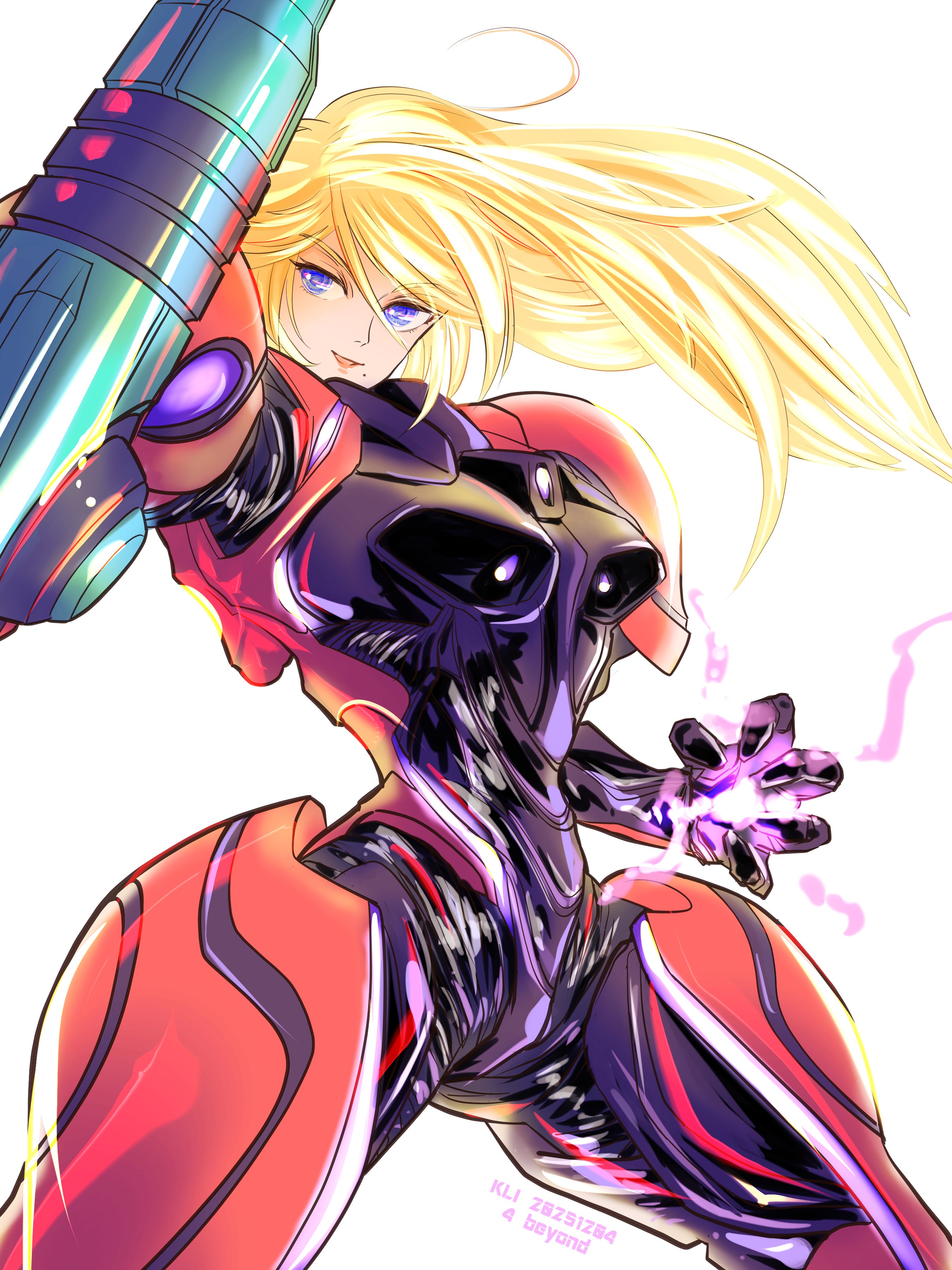 samus aran, metroid, metroid prime 4: beyond, nintendo, absurdres, highres, 1girl, arm cannon, armor, artist name, blonde hair, blue eyes, klixxxx, long hair, power armor, power suit (metroid), simple background, smile, two-tone armor, vi-o-la suit, weapon, white background