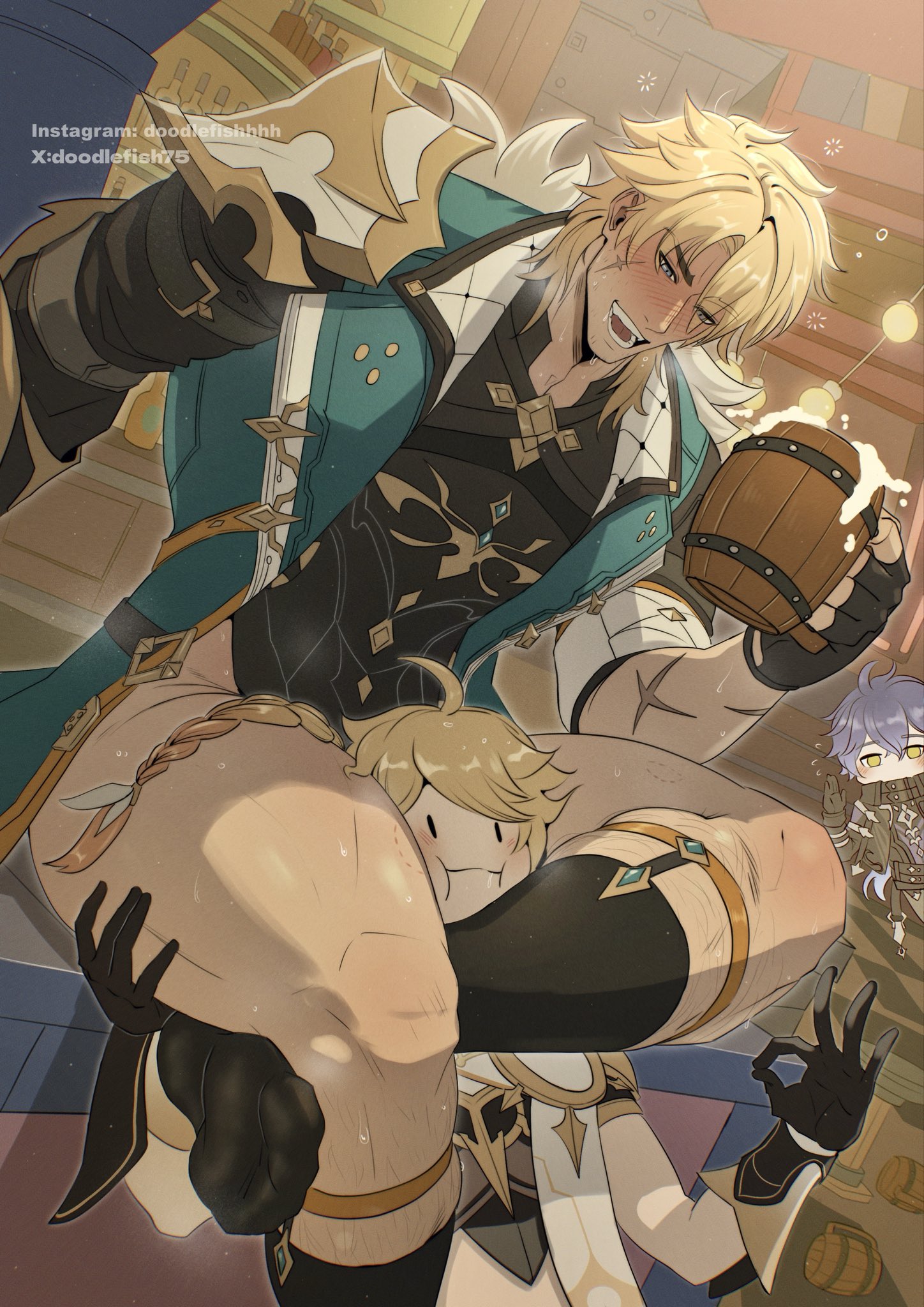 doodlefish, aether (genshin impact), flins (genshin impact), varka (genshin impact), genshin impact, commentary, english commentary, highres, 3boys, ankle socks, bara, beard stubble, beer mug, bite mark, bite mark on thigh, black coat, black gloves, black socks, blonde hair, blue eyes, blush, bottomless, braid, closed mouth, coat, collared coat, cross scar, cup, drunk, facial hair, facial scar, feet, fingerless gloves, gloves, hair between eyes, instagram username, leg hair, legwear garter, light blush, long braid, long hair, looking at another, male focus, mug, multiple boys, muscular, muscular male, scar, scar on arm, scar on cheek, scar on face, scissorhold, short hair, single braid, size difference, socks, stubble, sweat, thick thighs, thighs, twitter username, yaoi, yellow eyes