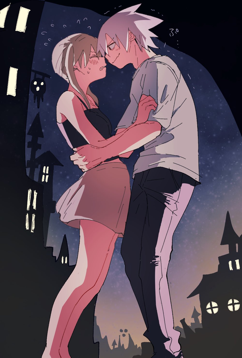 suehiroch0, maka albarn, soul evans, soul eater, black top, commentary request, highres, 1boy, 1girl, blush, brown skirt, casual, clenched teeth, closed eyes, clothes grab, couple, hands on another's waist, hetero, imminent kiss, miniskirt, night, outdoors, shirt, short hair, short twintails, skirt, sleeve grab, standing, t-shirt, teeth, thighs, twintails, wavy mouth, white hair, white shirt