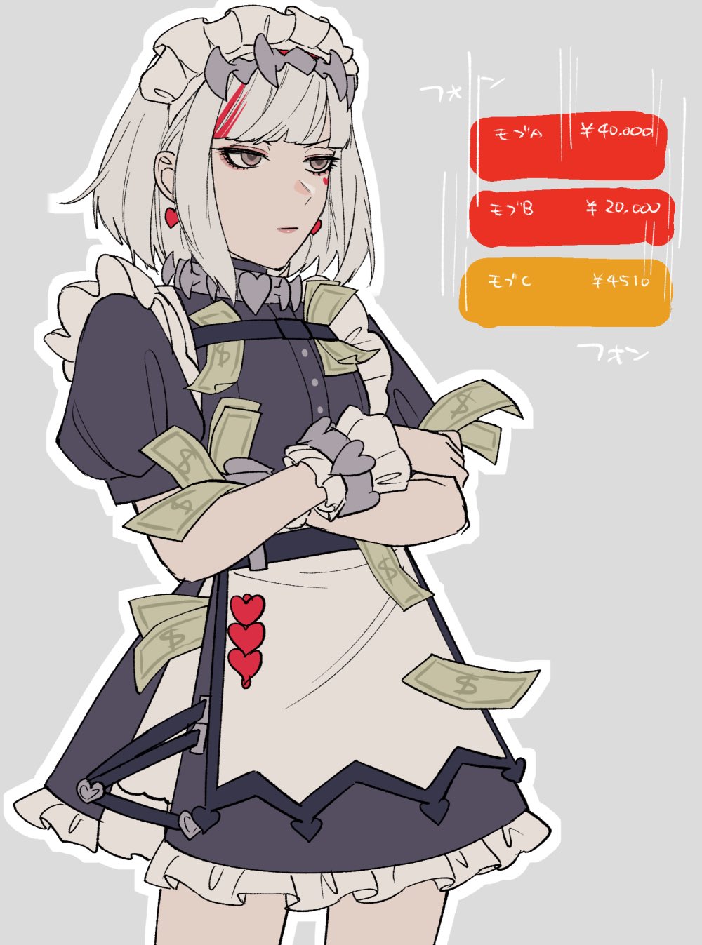 asym00, character request, commentary request, copyright request, highres, 1girl, apron, banknote, belt, black belt, black dress, blunt bangs, brown eyes, buttons, choker, closed mouth, cowboy shot, crossed arms, dollar bill, dress, earrings, eyeshadow, frills, grey choker, half-closed eyes, heart, heart choker, heart earrings, heart ornament, jewelry, lips, looking afar, maid, maid headdress, makeup, money, multicolored hair, puffy short sleeves, puffy sleeves, purple eyeshadow, red hair, short hair, short sleeves, solo, standing, streaked hair, waist apron, white apron, white hair, wrist cuffs, yen sign