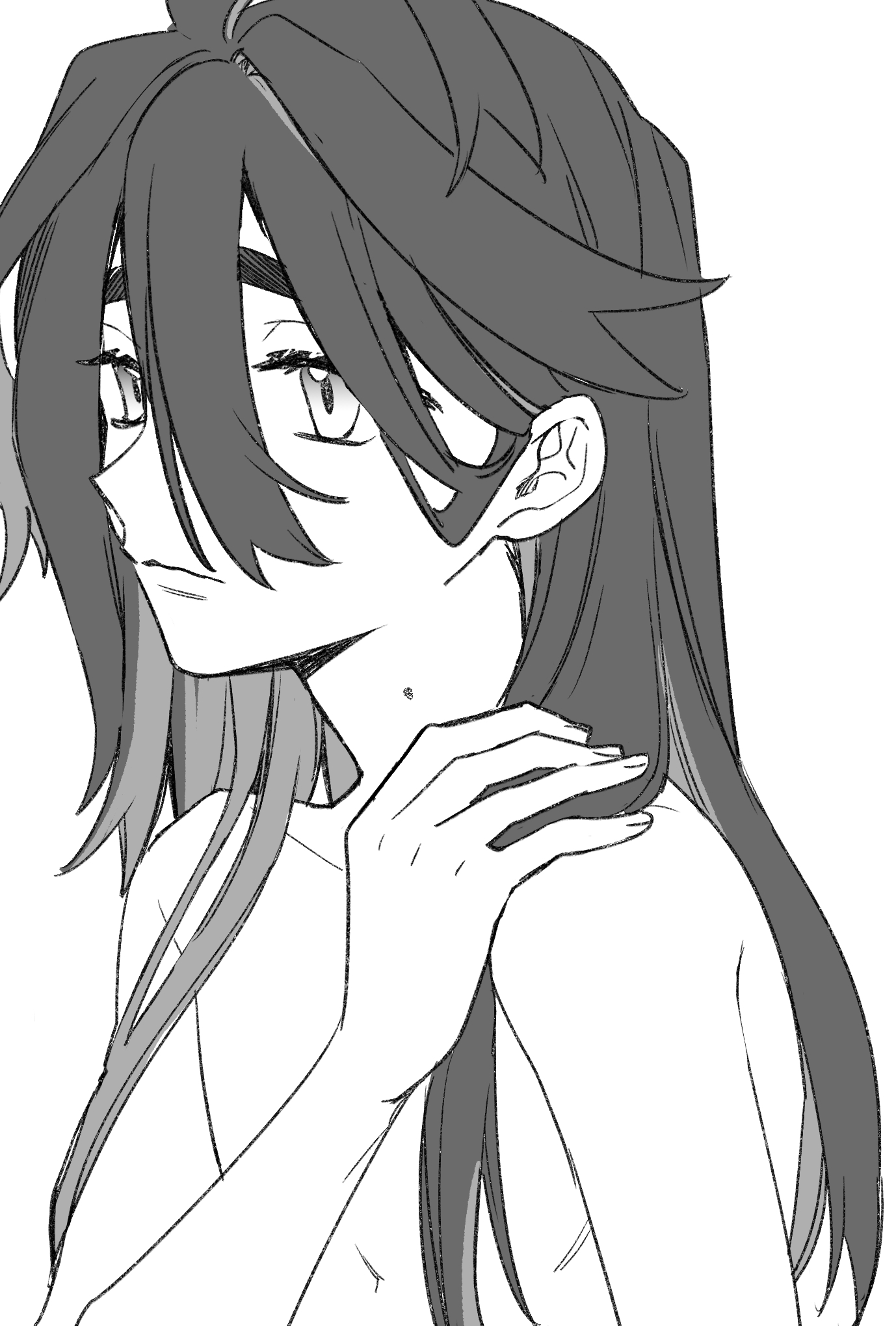 naruse makoto, kieran (pokemon), nintendo, pokemon, pokemon sv, commentary request, highres, 1boy, bare shoulders, collarbone, hair between eyes, hair down, hand on own shoulder, long hair, mole, mole on neck, monochrome, sketch, solo, topless male