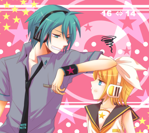 ebimayo, hatsune mikuo, kagamine rin, vocaloid, lowres, 1boy, 1girl, aqua eyes, aqua hair, blonde hair, blue eyes, genderswap, genderswap (ftm), hair ornament, hair ribbon, hairclip, headphones, necktie, ribbon, short hair, smile