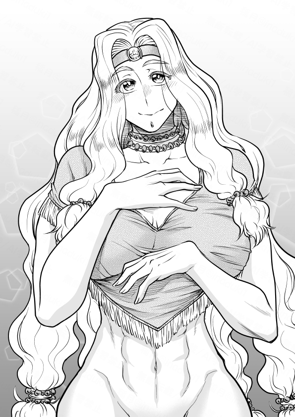 honookoma, quetzalcoatl (fate), fate/grand order, fate (series), commentary request, 1girl, abs, aztec, blonde hair, blush, breasts, chin piercing, cleavage, face piercing, green eyes, jewelry, labret piercing, large breasts, long hair, looking at viewer, mexican clothes, mexico, mouth piercing, muscular, muscular female, navel, piercing, poncho, simple background, smile, solo, very long hair