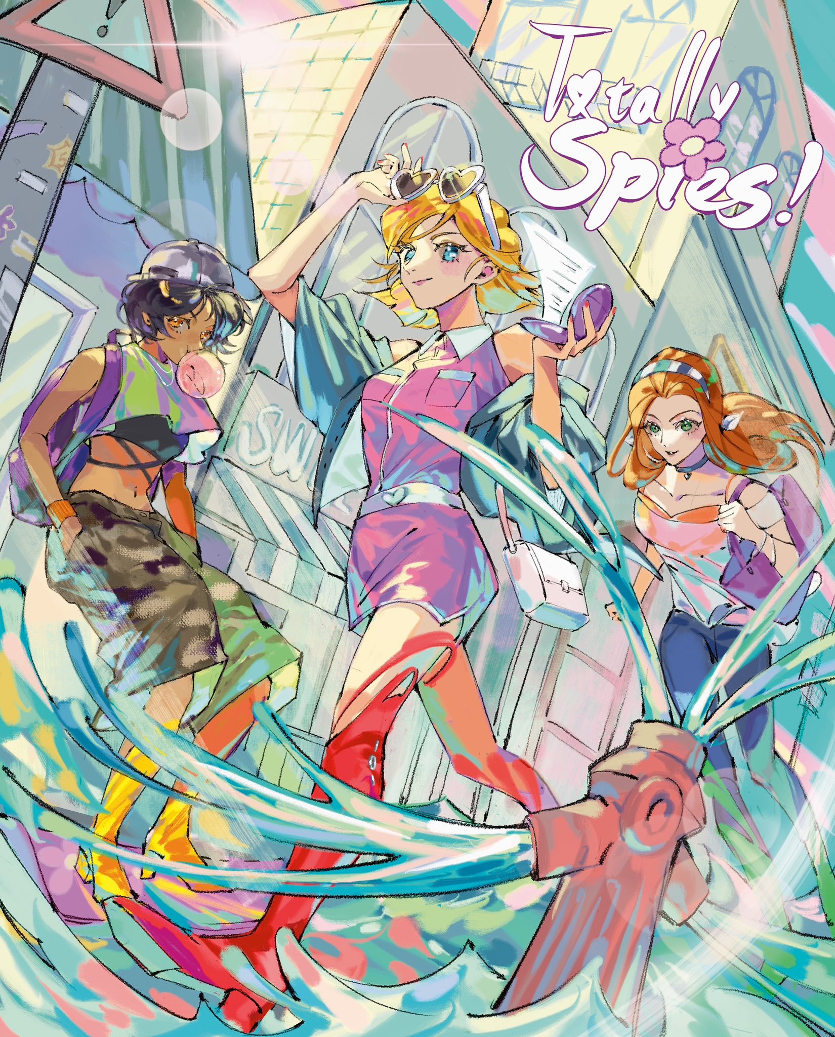 realemonade, alex (totally spies), clover (totally spies), sam (totally spies), totally spies, commentary request, highres, 3girls, bag, black hair, blonde hair, blue eyes, boots, choker, copyright name, full body, green eyes, handbag, hands in pocket, heart, heart-shaped eyewear, long hair, looking ahead, multiple girls, navel, orange hair, outdoors, short hair, shorts, smile, thigh boots, water, yellow boots