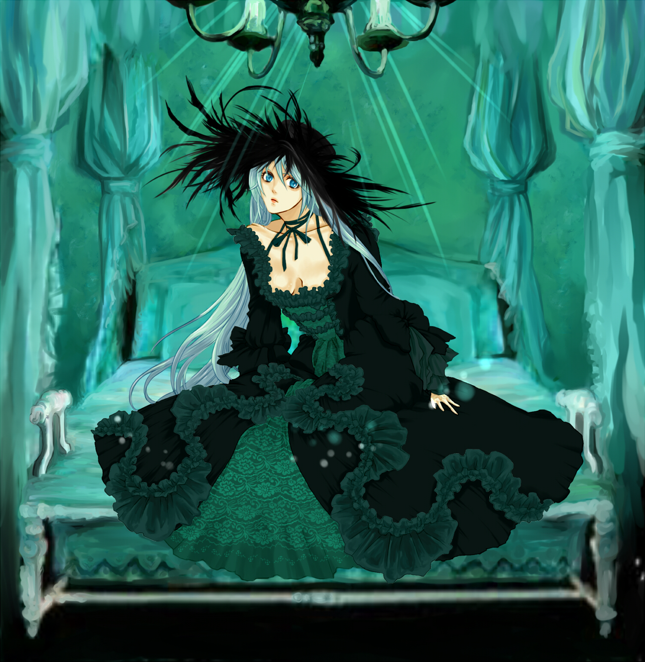 echo (artist), echo echo, hatsune miku, vocaloid, bad id, bad pixiv id, highres, 1girl, alternate hairstyle, aqua hair, blue eyes, breasts, cleavage, dress, female focus, green dress, hat, sitting, solo