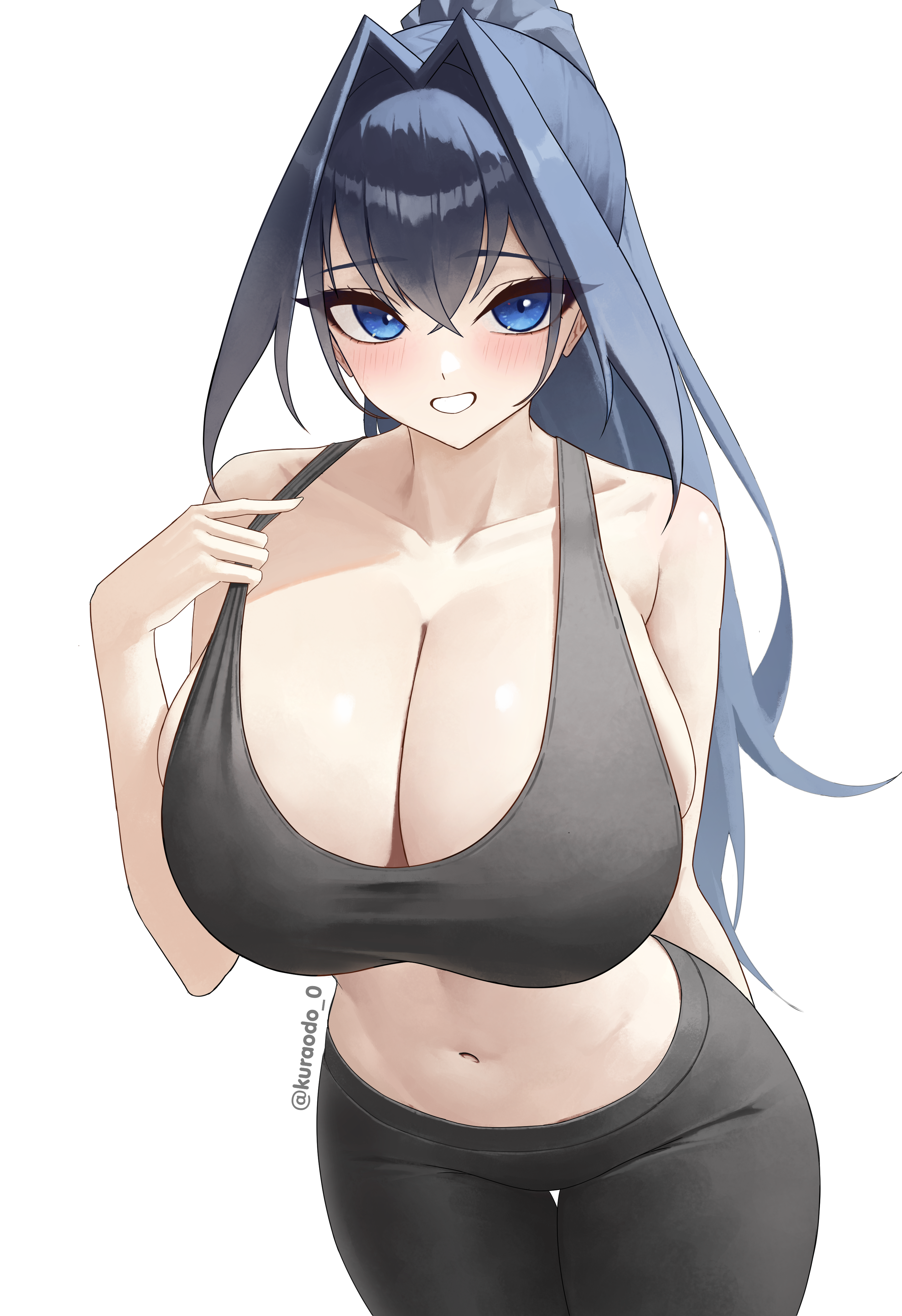 kuraodo 0, ouro kronii, hololive, hololive english, absurdres, commentary, english commentary, highres, 1girl, alternate costume, arm behind back, black pants, black tank top, blue eyes, blue hair, blush, breasts, cleavage, clothes pull, collarbone, crop top, crossed bangs, grin, hair between eyes, hair intakes, high ponytail, huge breasts, long hair, looking at viewer, midriff, pants, ponytail, simple background, smile, solo, sportswear, tank top, teeth, thigh gap, twitter username, virtual youtuber, white background, yoga pants