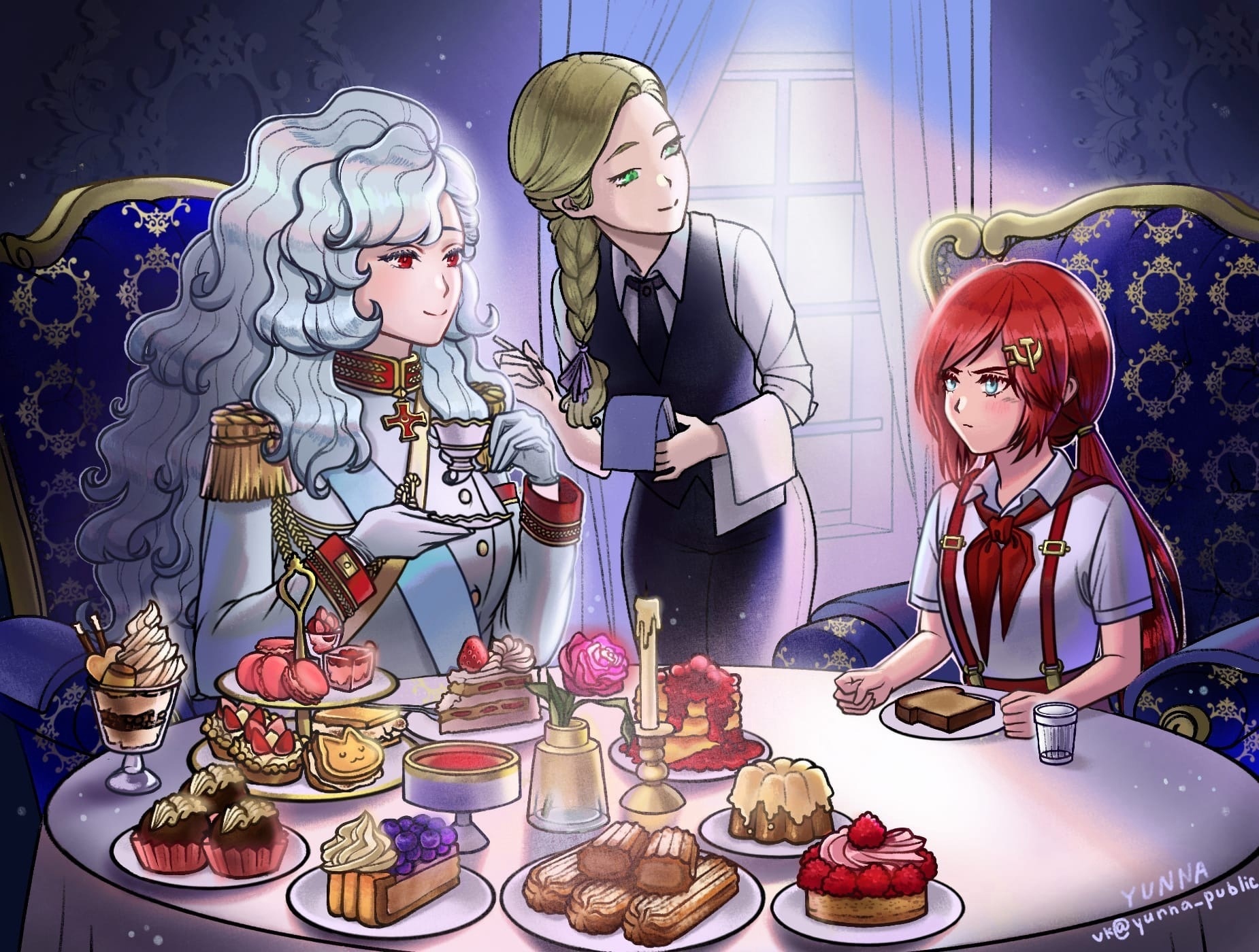 alpha (alpha 1918), yunna, original, fluffy hair, food request, highres, aiguillette, armband, blue sash, braid, butler, cake, communism-chan, cross pendant, cup, double-headed eagle, epaulettes, female butler, food, gold buttons, gold trim, green eyes, hair ornament, hammer and sickle, hammer and sickle hair ornament, holding, holding cup, long hair, macaron, military, military uniform, multiple girls, plate, red eyes, red hair, russian empire, sash, single braid, smile, table, teacup, twintails, white hair