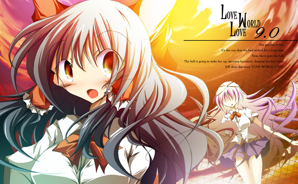 mashiroyu, hakurei reimu, yakumo yukari, touhou, 2girls, :o, blue skirt, blush, dutch angle, female focus, hair tubes, long hair, looking at viewer, multiple girls, open mouth, purple hair, red eyes, skirt, standing, surprised, tareme, text focus, upper body, very long hair