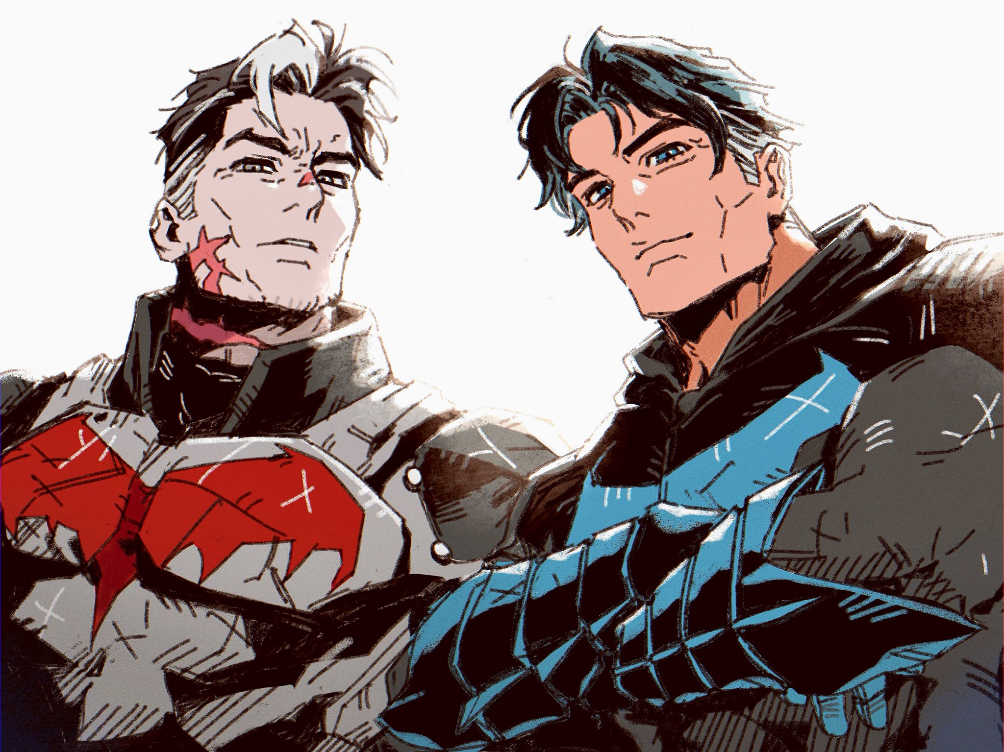 batman, dick grayson, jason todd, red hood (dc), batman (series), dc comics, commentary, highres, symbol-only commentary, aged up, bat signal, batman symbol, black bodysuit, black gloves, black hair, blue eyes, bodysuit, brothers, cowl, gloves, holding, male focus, mask, mong zwz, multicolored bodysuit, multicolored hair, multiple boys, muscular, muscular male, red mask, scar, scar on face, short hair, siblings, superhero costume, two-tone bodysuit, two-tone hair, white hair