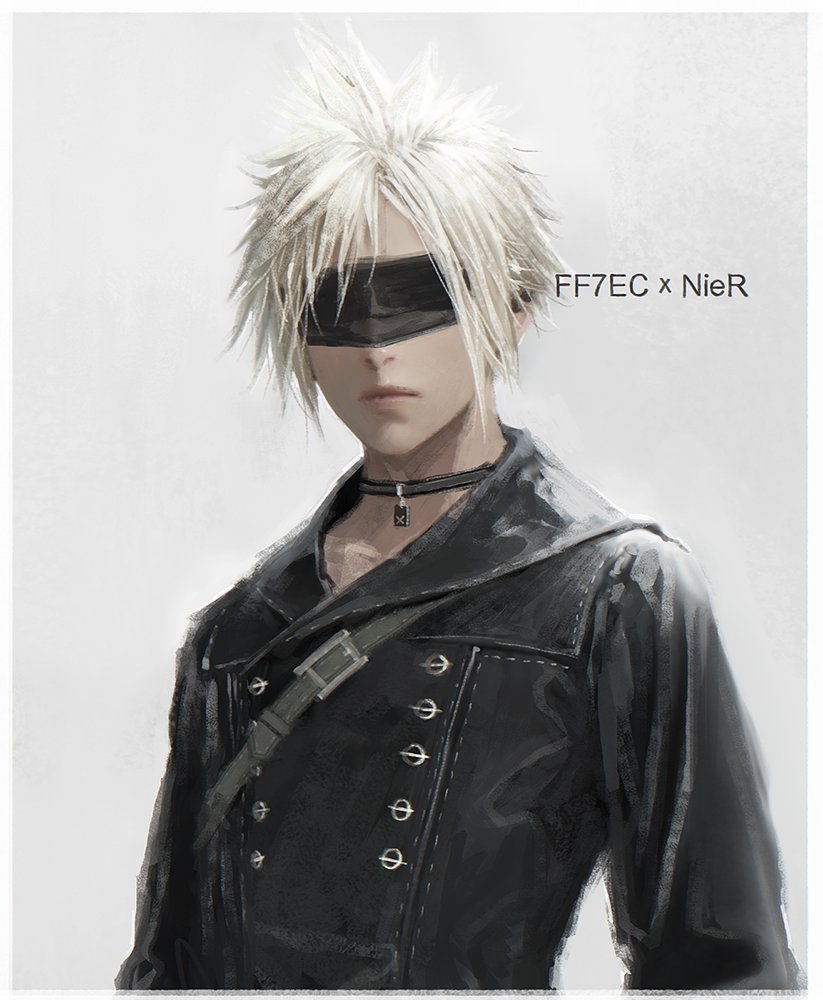 d.k, 9s (nier:automata), cloud strife, final fantasy, final fantasy vii, final fantasy vii: ever crisis, nier:automata, nier (series), commentary, symbol-only commentary, 1boy, 9s (nier:automata) (cosplay), belt buckle, black choker, black jacket, blindfold, blonde hair, buckle, choker, closed mouth, collarbone, company connection, cosplay, covered eyes, grey background, jacket, lips, long sleeves, male focus, official alternate costume, short hair, solo, spiked hair, upper body