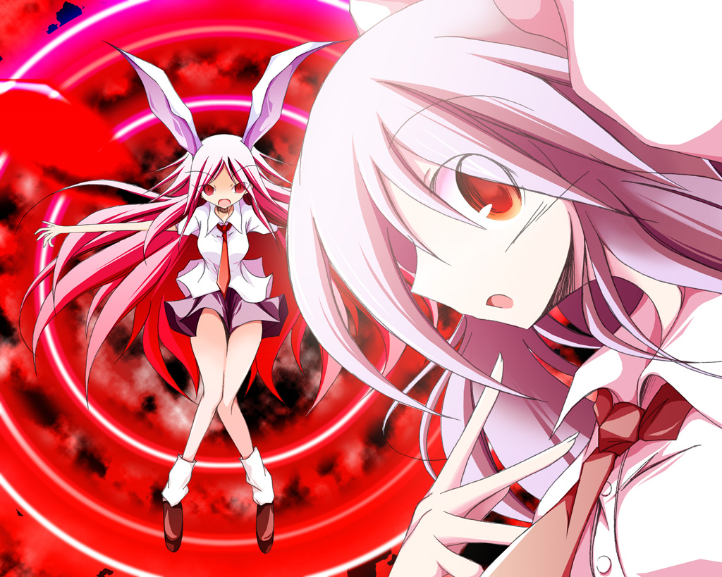 mashiroyu, reisen udongein inaba, touhou, 1girl, angry, animal ears, artistic error, bad anatomy, breasts, collar, female focus, long hair, medium breasts, miniskirt, necktie, poorly drawn, purple hair, rabbit ears, red eyes, shirt, skirt, solo, spell card, surprised