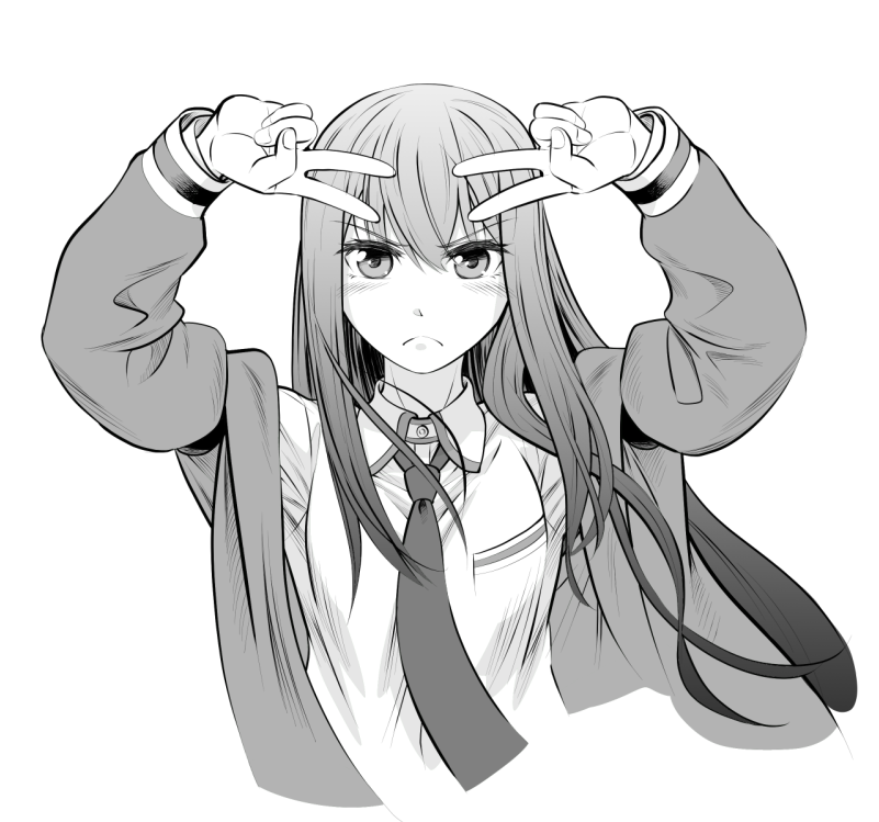 eibon, makise kurisu, science adventure, steins;gate, commentary request, 1girl, arm belt, arms up, blush, breast pocket, closed mouth, collared shirt, cropped torso, double v, dress shirt, frown, greyscale, hair between eyes, hair over shoulder, jacket, jacket partially removed, long hair, long sleeves, looking at viewer, monochrome, necktie, open clothes, pocket, red necktie, shirt, simple background, solo, upper body, v, white background