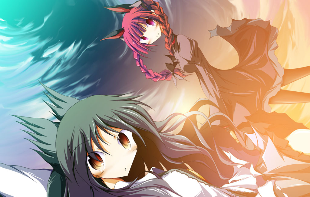 mashiroyu, kaenbyou rin, reiuji utsuho, touhou, 2girls, animal ears, black hair, braid, brown eyes, female focus, multiple girls, red eyes, red hair