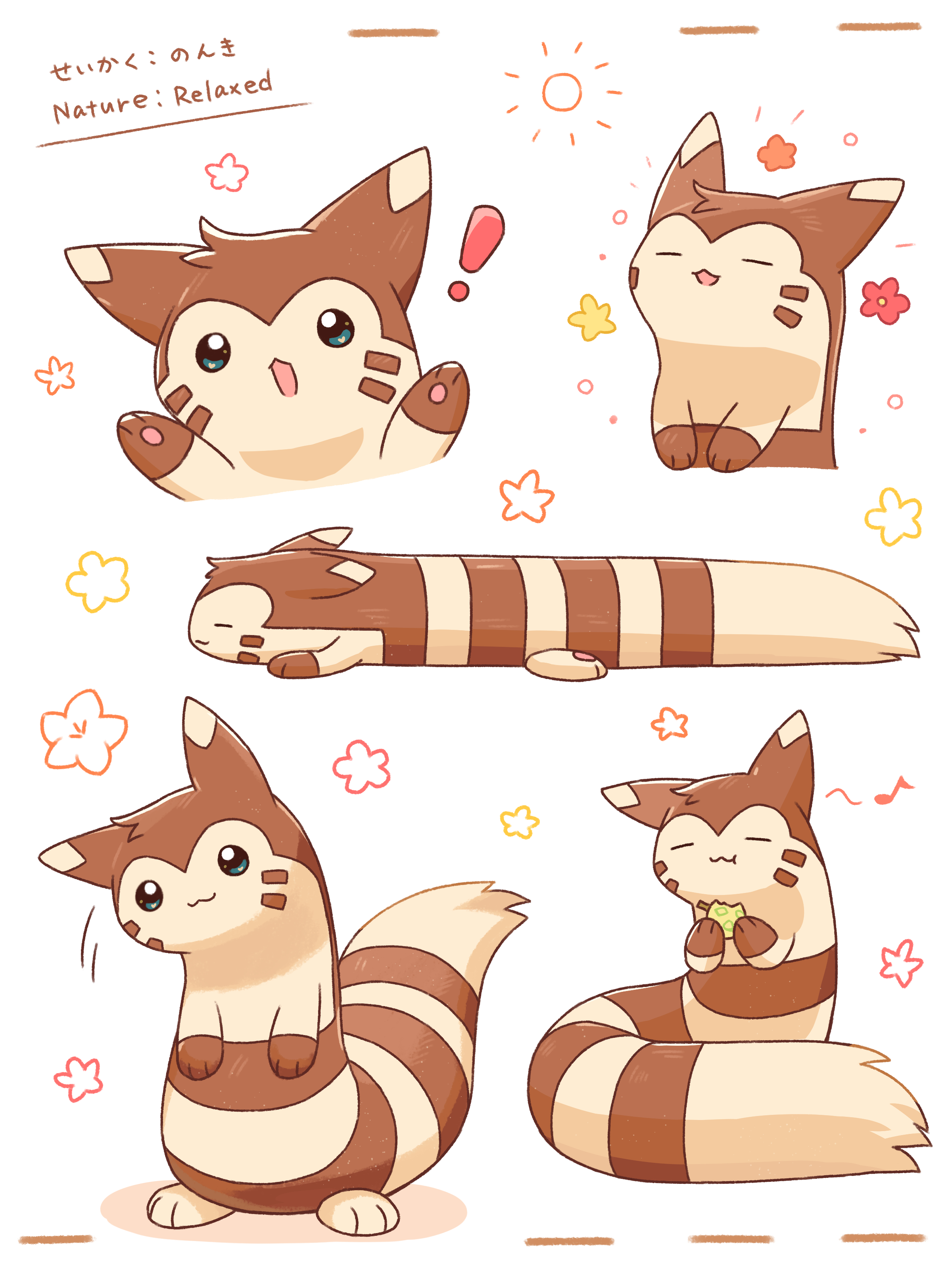neko gyoza, furret, nintendo, pokemon, absurdres, commentary request, highres, !, animal focus, aqua eyes, aspear berry, berry (pokemon), closed eyes, eating, flower, gen 2 pokemon, musical note, no humans, open mouth, pokemon (creature), shadow, simple background, smile, standing, white background