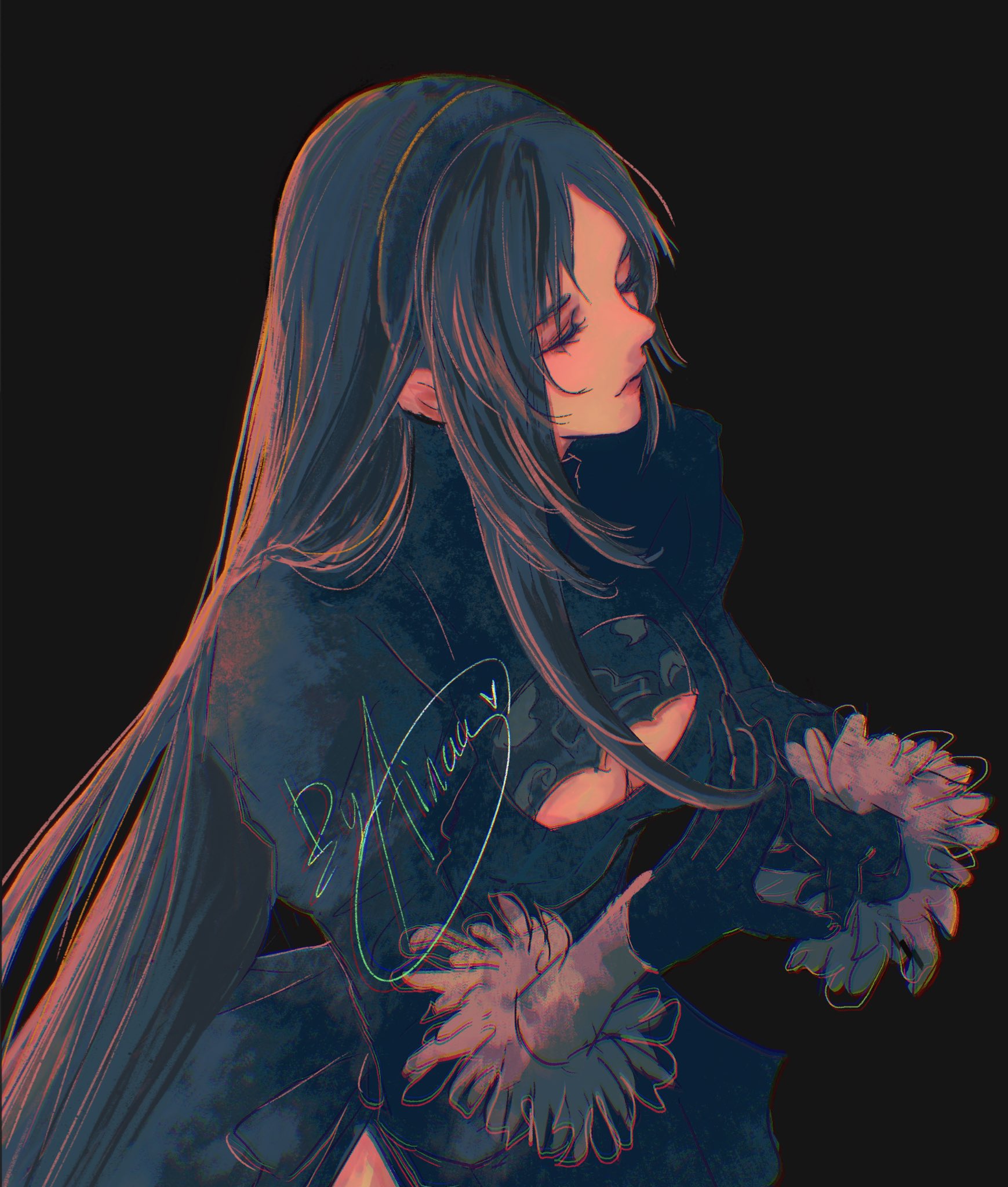 xainaa, 2b (nier:automata), tifa lockhart, tifa lockhart (battler ensemble), final fantasy, final fantasy vii, final fantasy vii: ever crisis, nier:automata, nier (series), commentary, highres, 1girl, 2b (nier:automata) (cosplay), black background, black dress, black gloves, black hair, breasts, cleavage, cleavage cutout, closed eyes, closed mouth, clothing cutout, company connection, cosplay, dress, eyelashes, feather-trimmed sleeves, gloves, heart, large breasts, long hair, official alternate costume, puffy sleeves, signature, solo, turtleneck, turtleneck dress, upper body