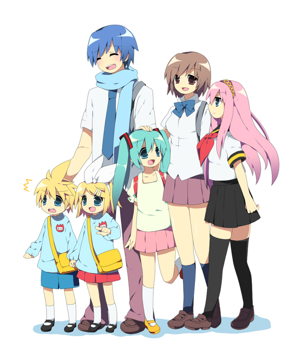 soranagi, hatsune miku, kagamine len, kagamine rin, kaito (vocaloid), megurine luka, meiko (vocaloid), vocaloid, bad id, bad pixiv id, 2boys, 4girls, aqua hair, backpack, bag, blonde hair, blue eyes, blue hair, brown hair, child, hair ornament, hair ribbon, hairclip, kindergarten uniform, loafers, long hair, mary janes, multiple boys, multiple girls, necktie, pink hair, randoseru, ribbon, school uniform, serafuku, shoes, short hair, shorts, siblings, skirt, smile, socks, thighhighs, twins, twintails, zettai ryouiki