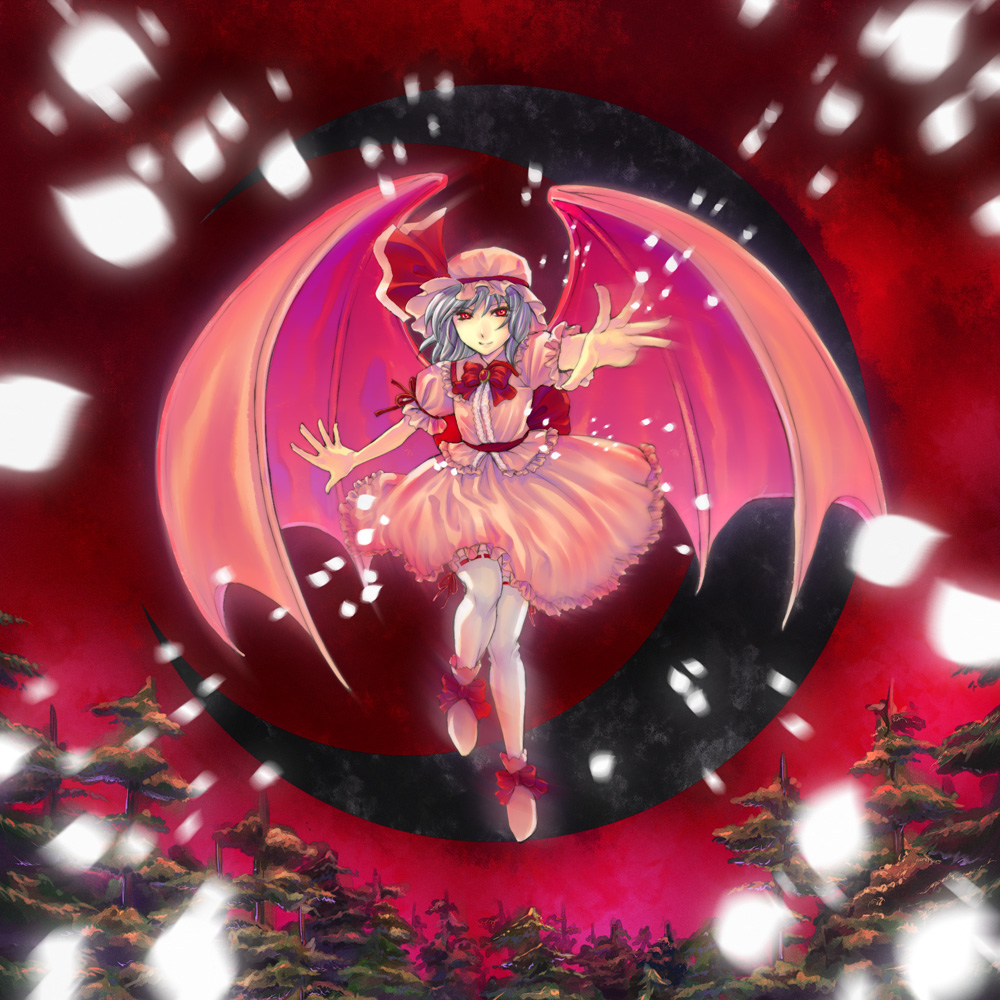undead redstar, remilia scarlet, touhou, silver hair, bad id, bad pixiv id, 1girl, bat wings, female focus, full body, hat, outdoors, plant, red eyes, short hair, sky, solo, tree, wings