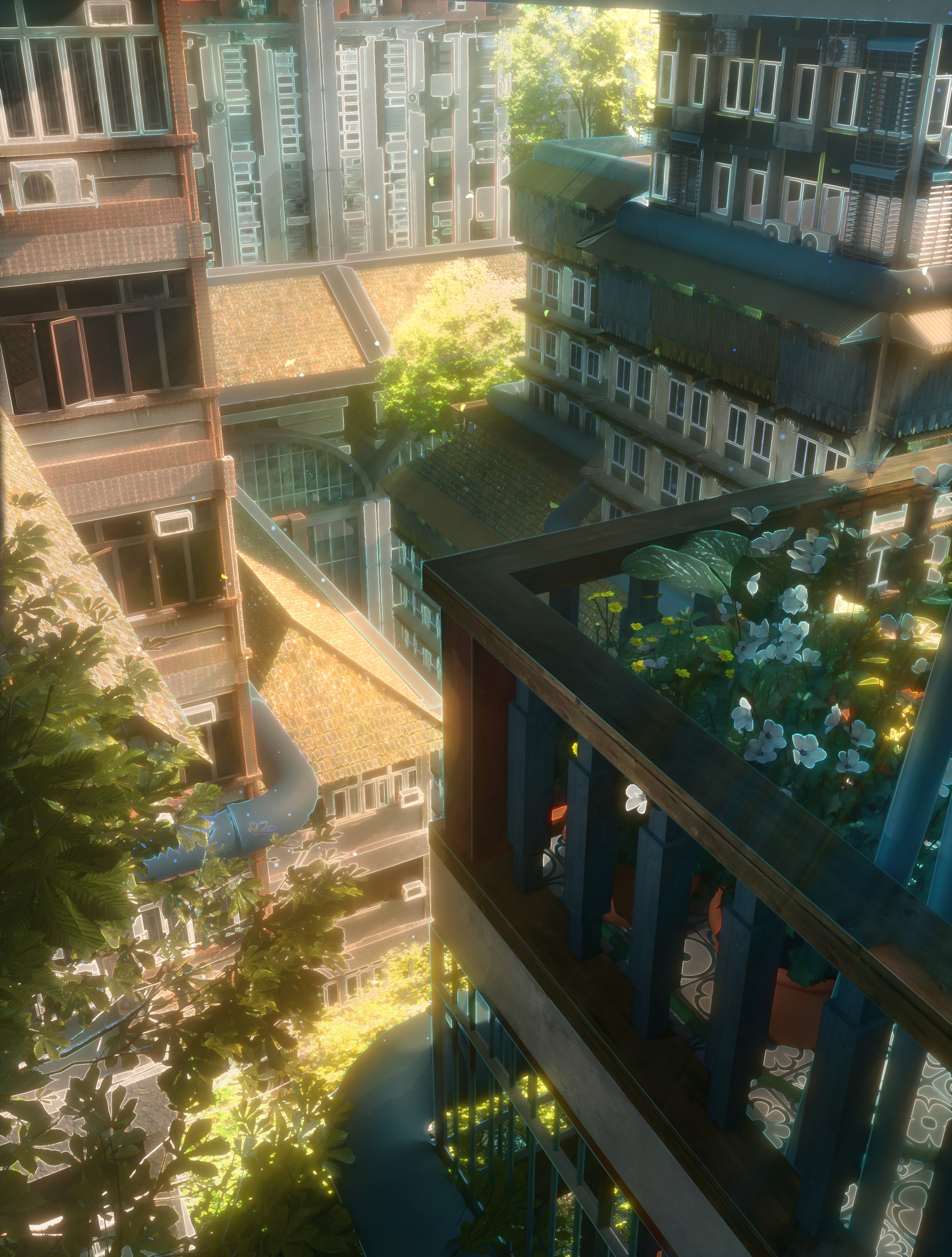 neur, original, commentary request, highres, air conditioner, building, city, day, fantasy, flower, flower pot, leaf, no humans, outdoors, railing, rooftop, scenery, tile roof, tree, white flower, window