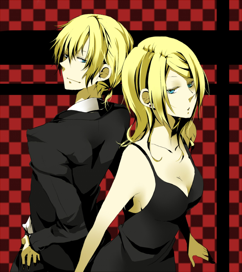 38page, sumi (38page), kagamine len, kagamine rin, vocaloid, bad id, bad pixiv id, 1boy, 1girl, aged up, back-to-back, black dress, blonde hair, blue eyes, breasts, brother and sister, cleavage, dress, formal clothes, siblings, smile, suit, twins