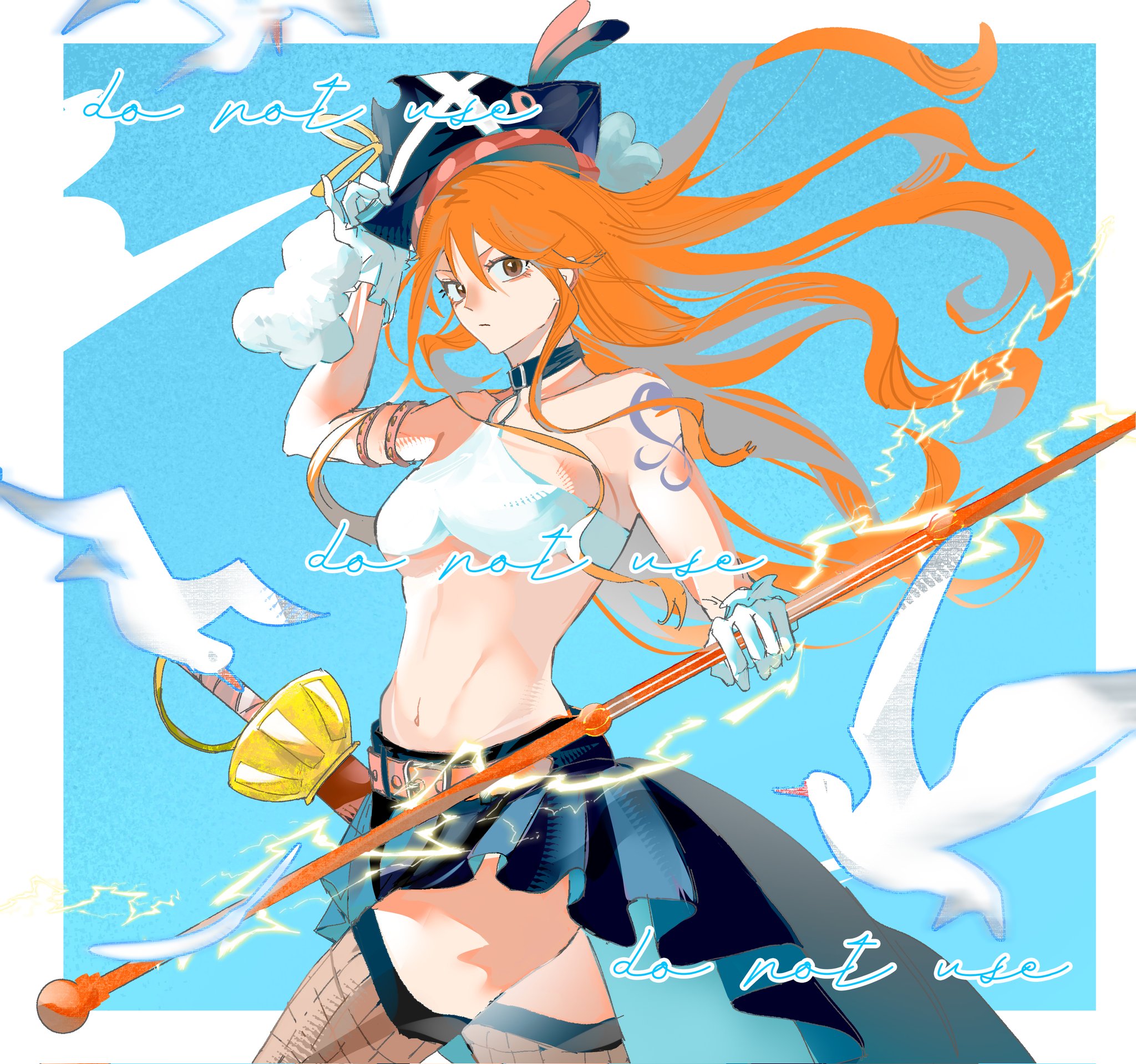 nami (one piece), one piece, one piece film: red, commentary, english commentary, highres, 1girl, a dong1987, arm strap, bare shoulders, belt, belt buckle, bird, black choker, black skirt, blue sky, border, breasts, brown eyes, buckle, choker, clima-tact, cloud, cloudy sky, cowboy shot, crop top, electricity, fishnet thighhighs, fishnets, floating hair, gloves, hand on headwear, hat, holding, holding staff, long hair, looking at viewer, medium breasts, midriff, miniskirt, navel, official alternate costume, orange hair, outside border, pirate hat, sheath, sheathed, shoulder tattoo, skirt, sky, solo, staff, strapless, sword, tattoo, thighhighs, tube top, weapon, white bird, white border, white gloves, white tube top