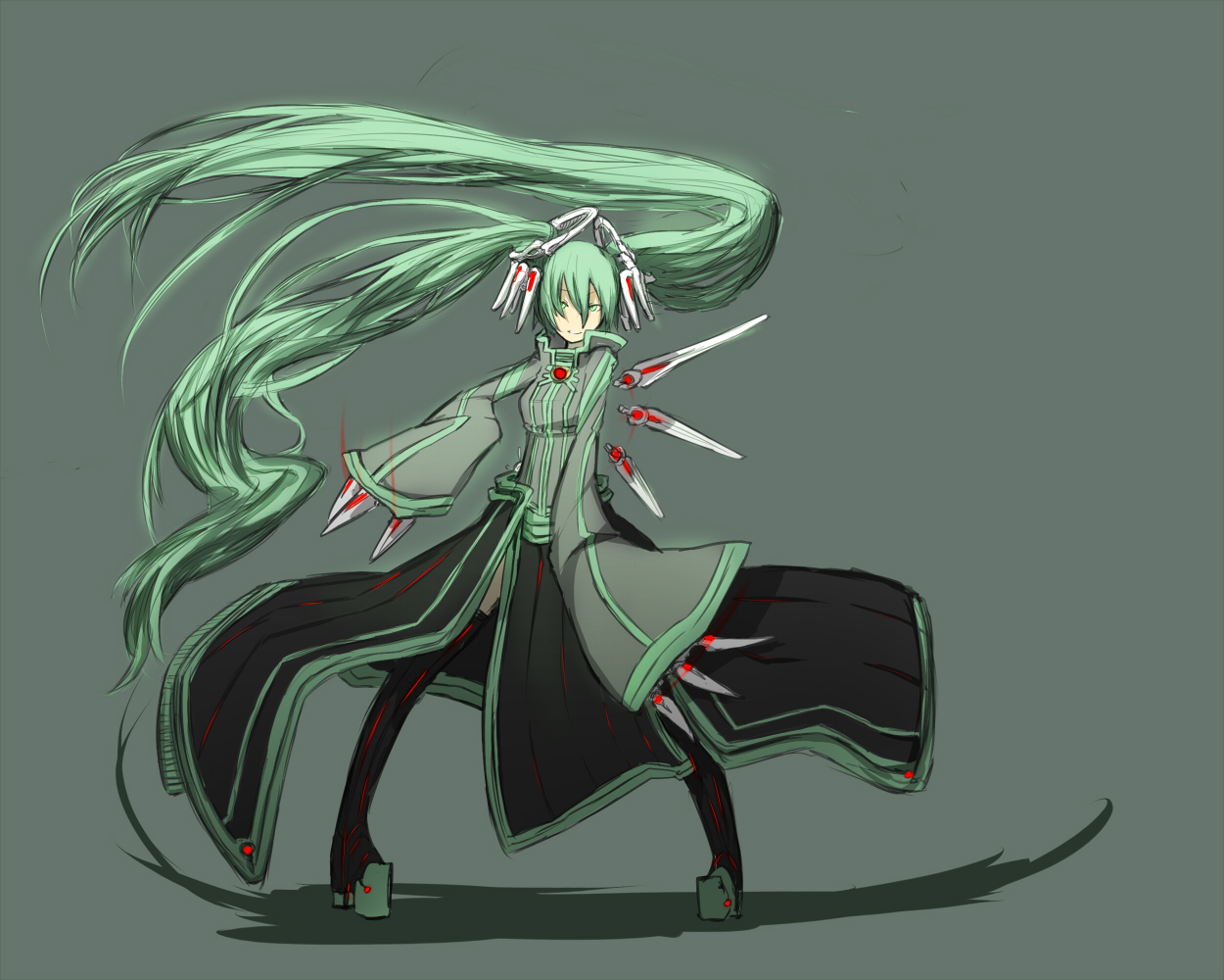 ganesagi, hatsune miku, vocaloid, bad id, bad pixiv id, 1girl, aqua eyes, aqua hair, boots, coat, female focus, long hair, skirt, smile, solo, thigh boots, thighhighs, twintails, very long hair