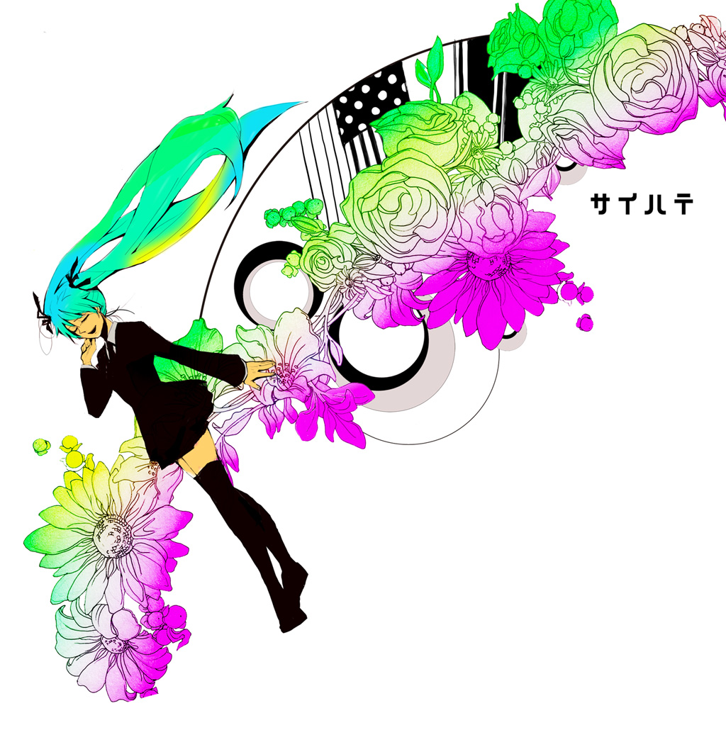 oomori, oomorimori, hatsune miku, hatsune miku (saihate), saihate (vocaloid), vocaloid, bad id, bad pixiv id, 1girl, aqua hair, closed eyes, female focus, flower, formal clothes, green hair, hair ribbon, long hair, necktie, ribbon, skirt, solo, thighhighs, twintails, zettai ryouiki