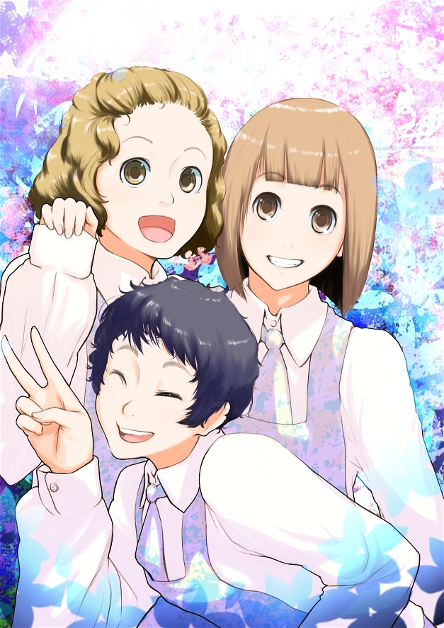 nanahime, hon'atsugi youko, motegi miwa, yasuda misako, aoi hana, bad id, bad pixiv id, 00s, 3girls, :d, brown hair, closed eyes, grin, mogi miwa, multiple girls, open mouth, school uniform, short hair, sleeves past wrists, smile, v, yellow eyes