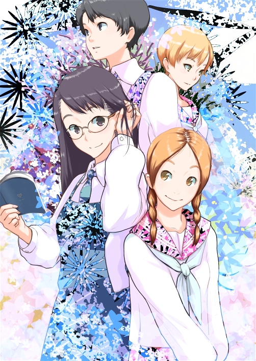 nanahime, ikumi kyouko, manjoume fumi, okudaira akira, sugimoto yasuko, aoi hana, 00s, 2girls, black eyes, black hair, braid, brown eyes, brown hair, dress, flower, glasses, multiple girls, twin braids