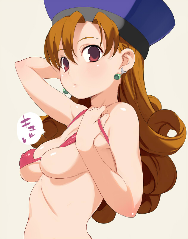 nora higuma, alena (dq4), chunsoft, dragon quest, dragon quest iv, enix, 1girl, bikini, bikini top only, breasts, brown hair, covered erect nipples, earrings, female focus, hat, jewelry, long hair, medium breasts, micro bikini, red bikini, simple background, solo, swimsuit, teeth, upper teeth only, white background