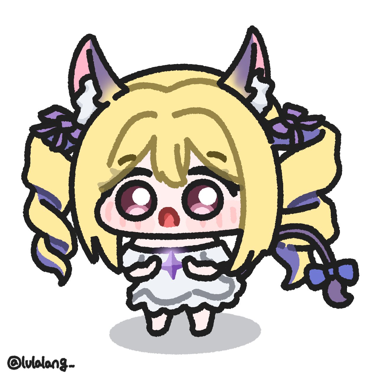 lulalang, caramel (stella sora), stella sora, commentary, highres, 1girl, animal ear fluff, animal ears, blonde hair, chibi, chibi only, crystal, double-parted bangs, dress, drill hair, full body, holding, holding crystal, long hair, looking at viewer, open mouth, pink eyes, simple background, solo, standing, tail, twin drills, white background, white dress