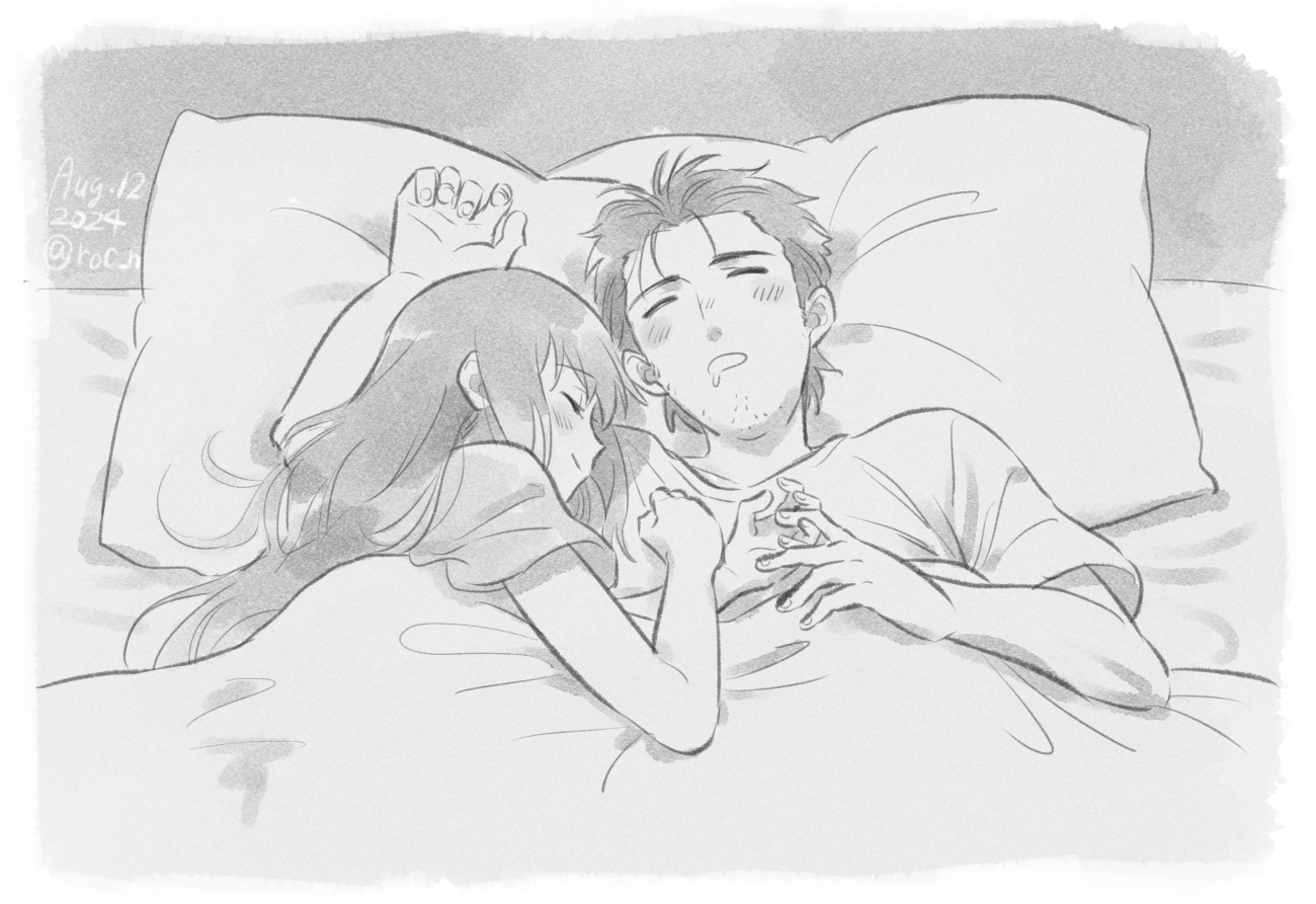 rocni, makise kurisu, okabe rintarou, science adventure, steins;gate, commentary request, 1boy, 1girl, beard stubble, bed, bed sheet, blanket, blush, closed eyes, couple, drooling, facial hair, greyscale, hetero, interlocked fingers, long hair, lying, monochrome, on back, on bed, on side, pillow, shared bed, short hair, sleeping, sleeping on person, stubble, under covers