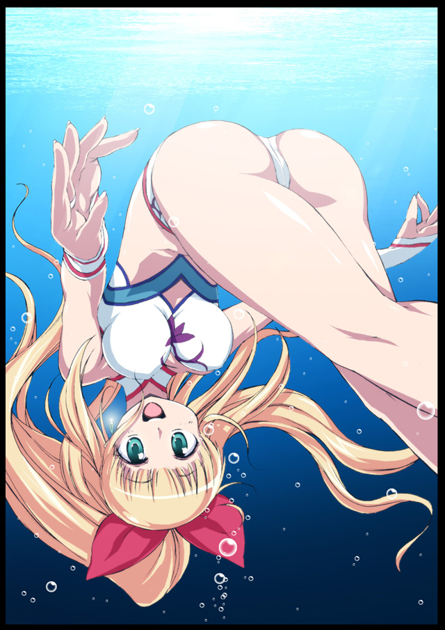 marin (marine-sky-earth), onija tarou, marin (umi monogatari), umi monogatari, 00s, 1girl, ass, bikini, blonde hair, breasts, bubble, female focus, green eyes, kneepits, large breasts, open mouth, ponytail, smile, solo, swimming, swimsuit, thighs, underwater, upside-down