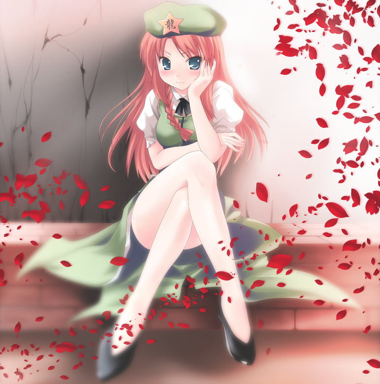 namamo nanase, hong meiling, embodiment of scarlet devil, touhou, 1girl, blue eyes, blush, breasts, female focus, flower, full body, gradient background, hat, long hair, nature, outdoors, petals, plant, red hair, rose petals, skirt, solo