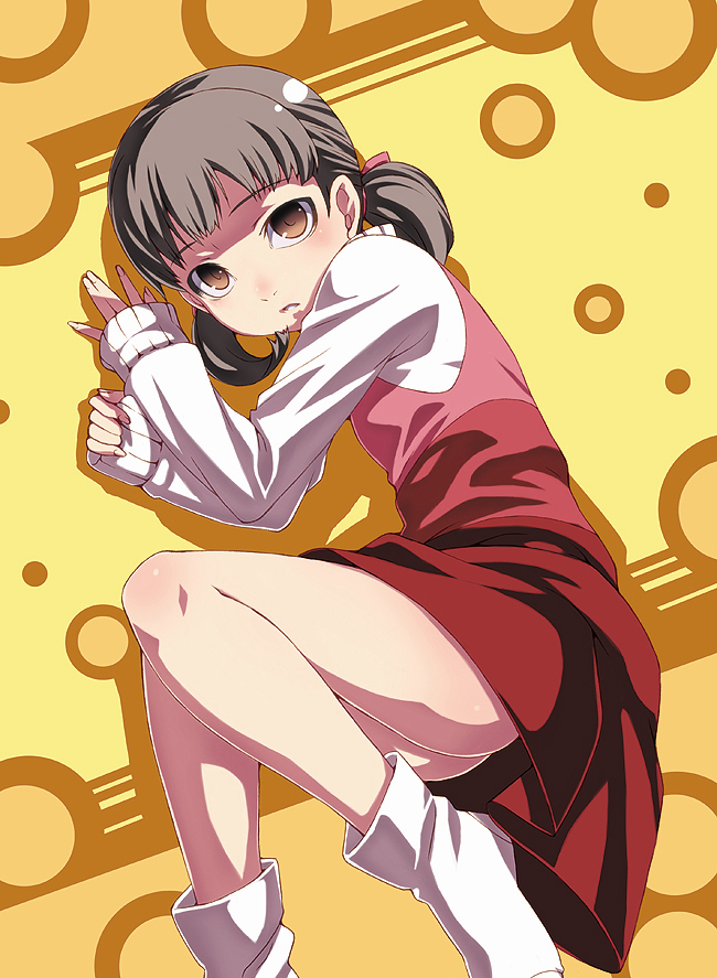 tasaka shinnosuke, doujima nanako, atlus, persona, persona 4, textless version, 1girl, brown eyes, brown hair, female focus, from above, lying, socks, solo, yellow background