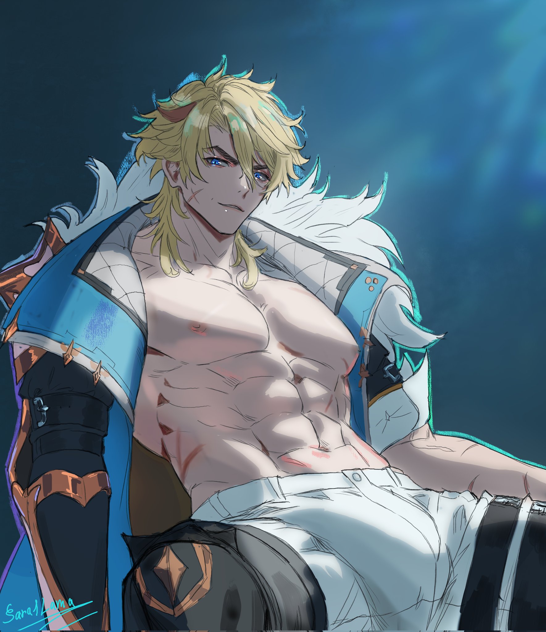 varka (genshin impact), genshin impact, commentary, corrupted twitter file, hashtag-only commentary, highres, 1boy, abs, blonde hair, blue eyes, bulge, facial scar, jacket, lama sara114433, looking at viewer, male focus, medium hair, mismatched eyebrows, mullet, muscular, muscular male, navel, nipples, open clothes, open jacket, pants, parted lips, pectorals, scar, scar on cheek, scar on face, solo, spread legs, teeth, white pants
