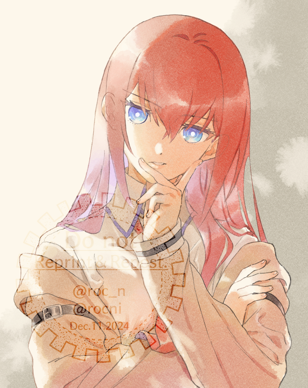 rocni, makise kurisu, science adventure, steins;gate, commentary request, highres, 1girl, arm belt, belt, breasts, brown jacket, clenched teeth, collared shirt, hair between eyes, hair over shoulder, jacket, jacket partially removed, leather belt, looking at viewer, necktie, parted lips, red hair, red necktie, shirt, small breasts, solo, teeth, upper body, watermark, white belt, white shirt