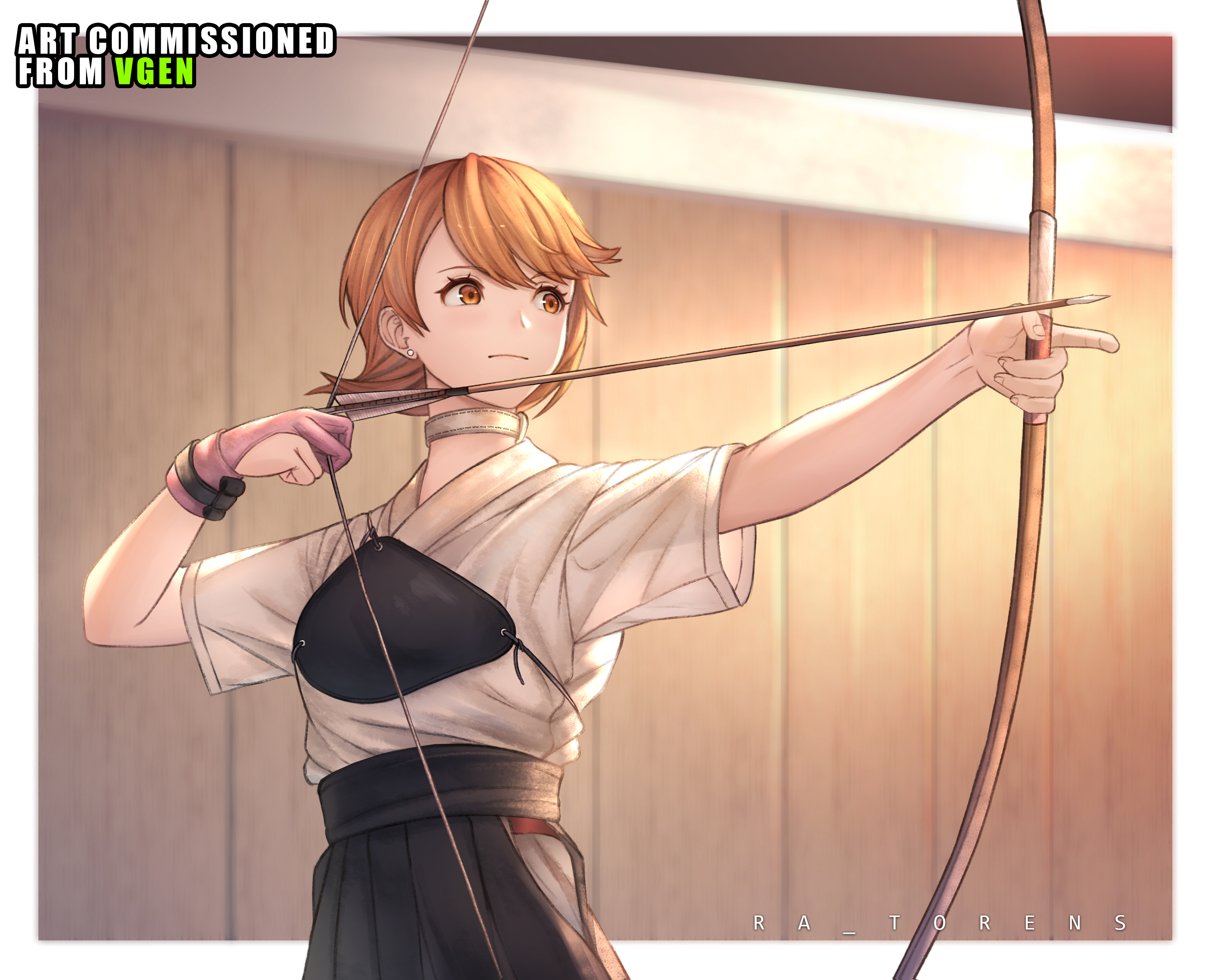 ra torens, takeba yukari, persona, persona 3, absurdres, commentary, commission, english commentary, highres, vgen commission, 1girl, archery, archery shooting glove, arrow (projectile), black hakama, blurry, blurry background, border, bow (weapon), brown eyes, brown hair, choker, closed mouth, earrings, flipped hair, gloves, hakama, hakama skirt, holding, holding arrow, holding bow (weapon), holding weapon, japanese clothes, jewelry, kyuudou, light blush, muneate, outside border, outstretched arm, partially fingerless gloves, partly fingerless gloves, pink gloves, short hair, short sleeves, single glove, skirt, solo, stud earrings, swept bangs, upper body, weapon, white border, white choker, yugake